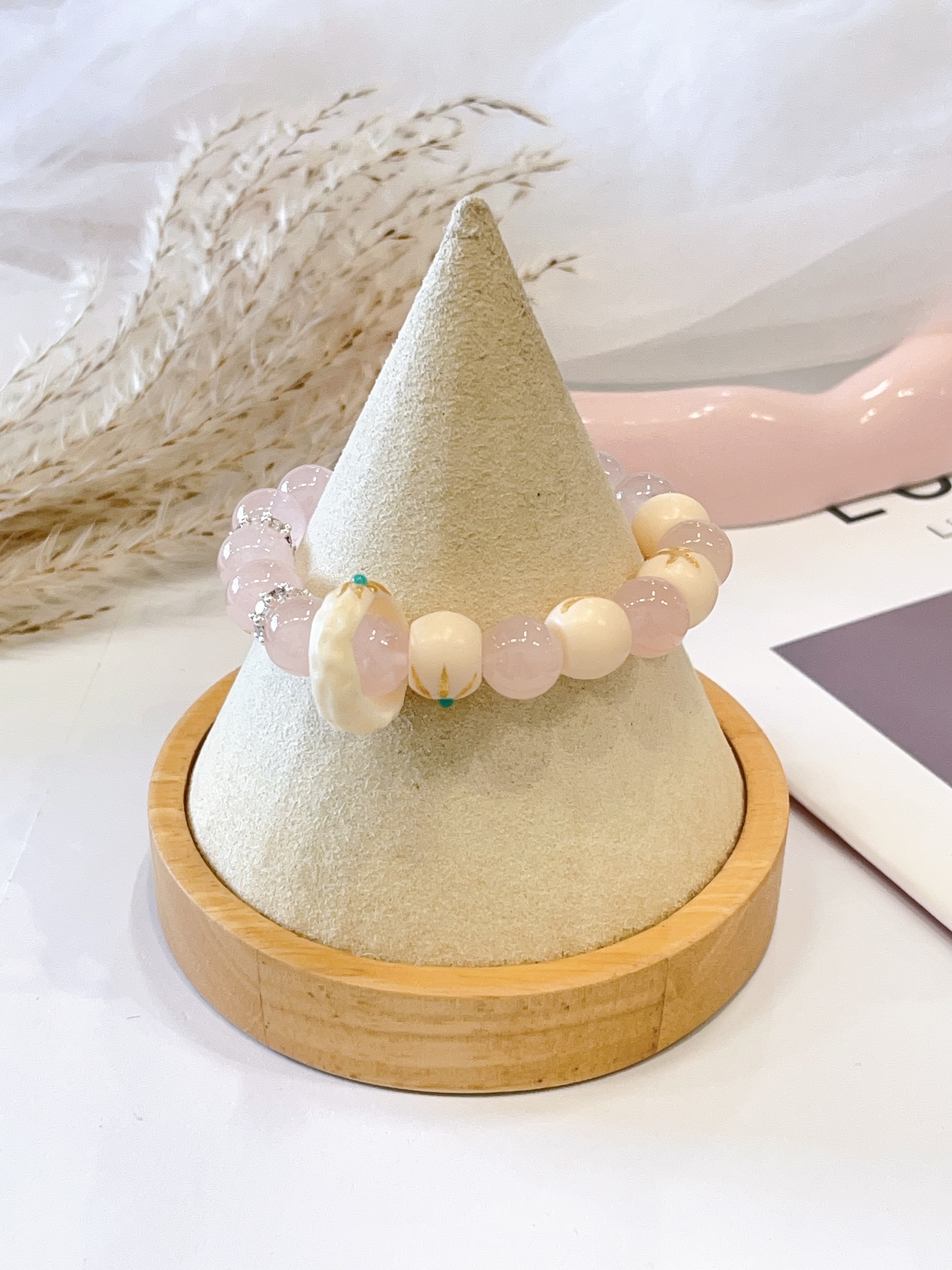 🤍 白水晶 × 粉水晶 × 象牙果手串 Clear Quartz, Rose Quartz & Tagua Nut (Vegetable Ivory) | 11mm