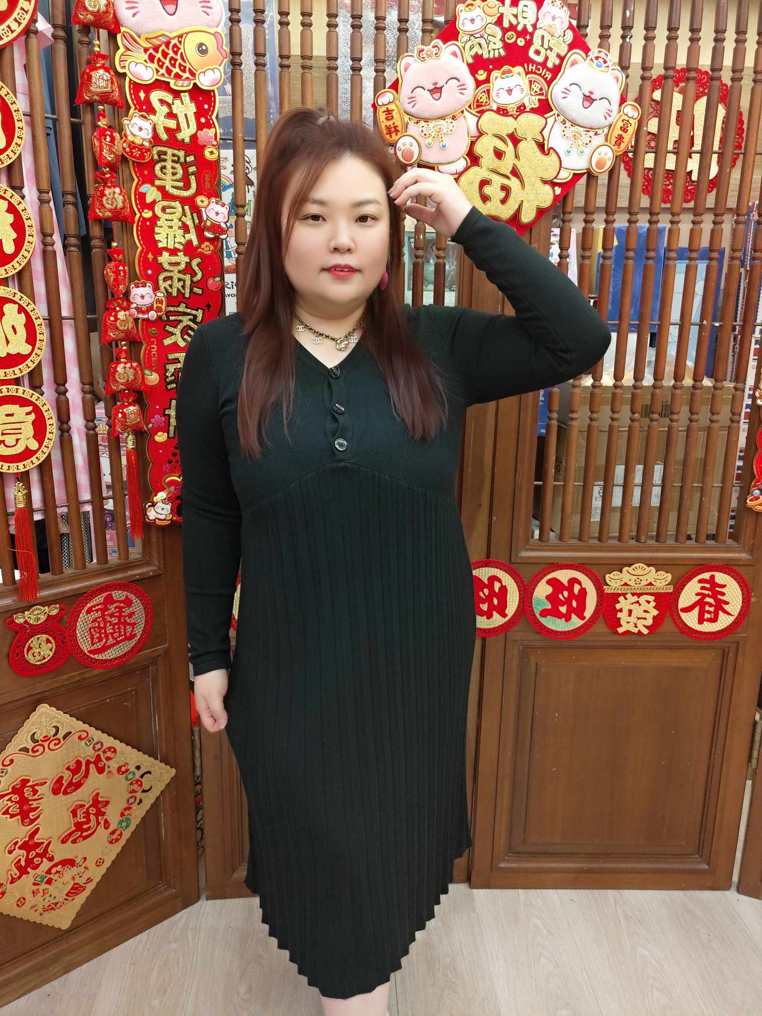 NBA13 YY527 拼百褶长袖针织连衣裙（胸围 100-130CM以内）