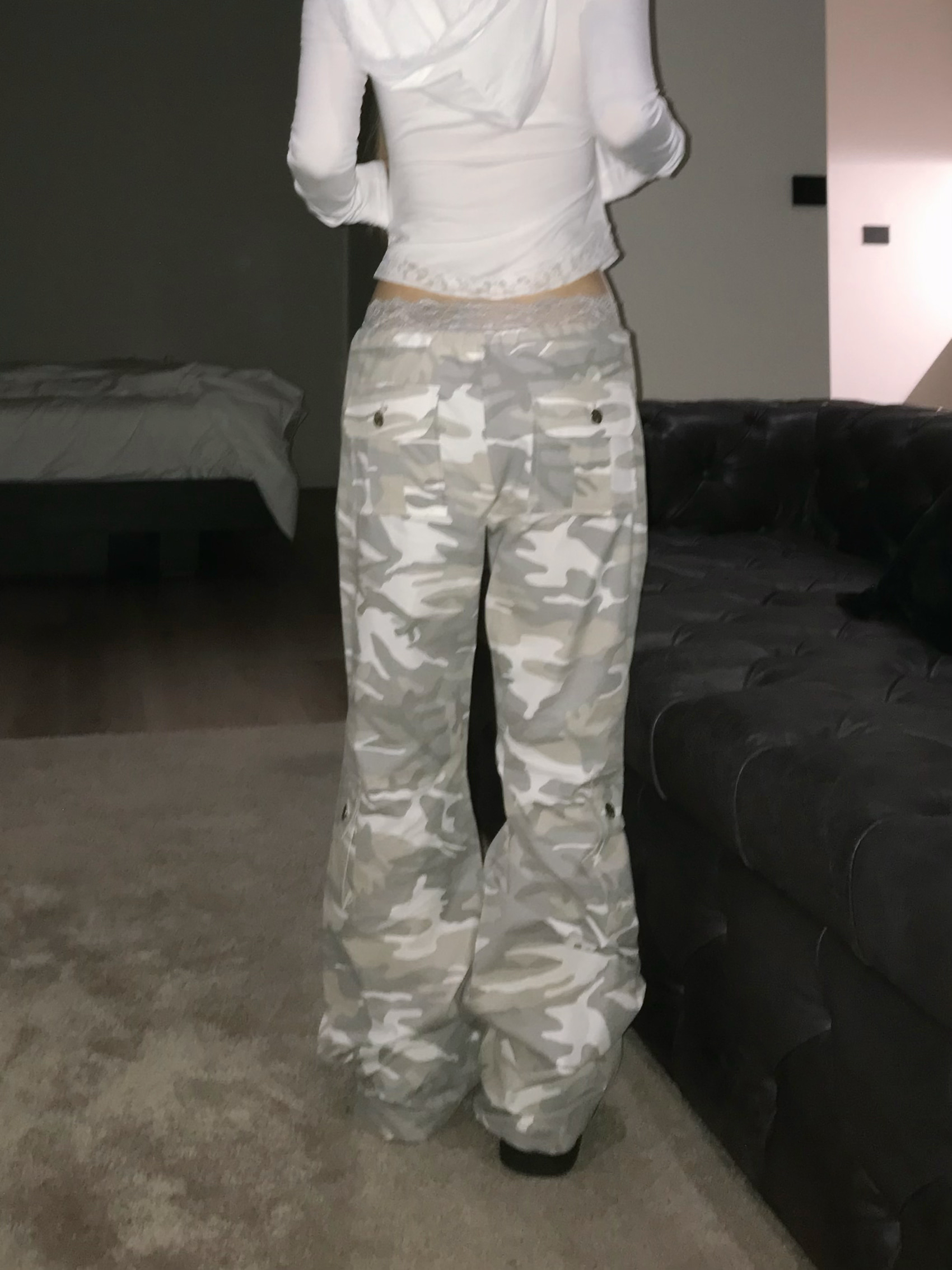 Camo Low-Rise Flare Cargo Pants