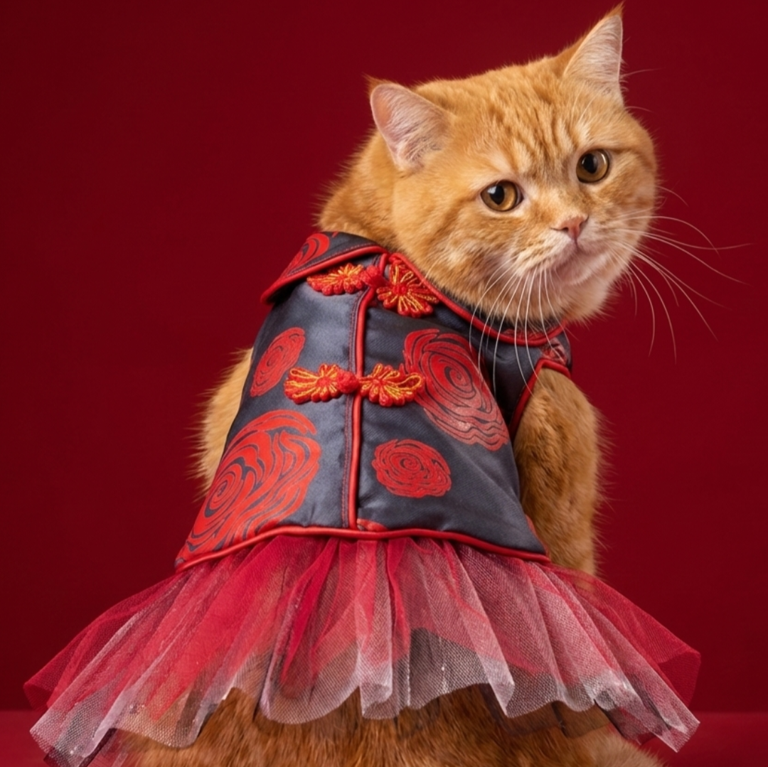 S558BK 玫瑰旗袍配紗裙- 黑色 Rose Dress Chinese Style Dog Dress-black