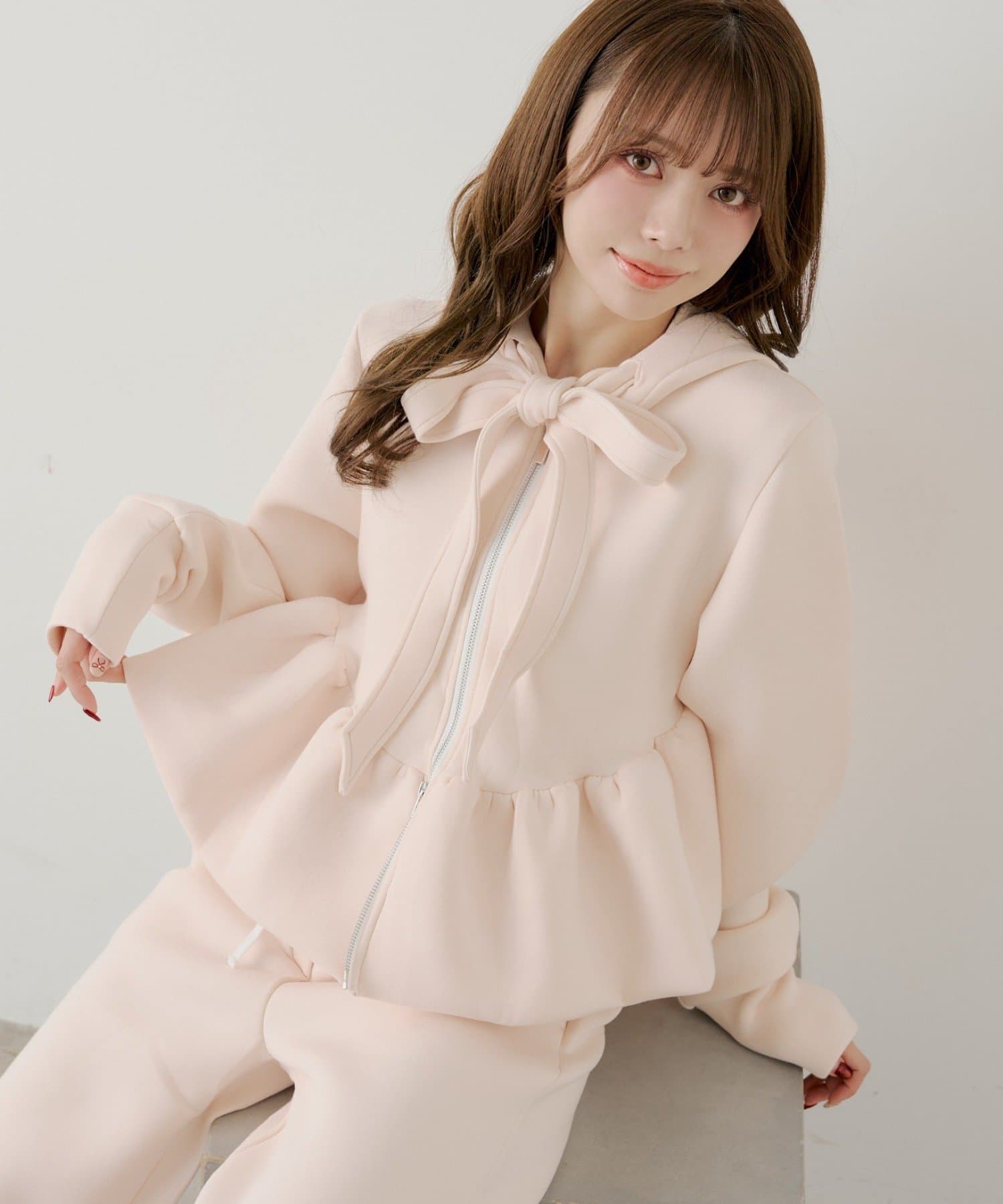 4月連線貨品 - 日本女裝寬緞帶荷葉邊拉鍊衛衣