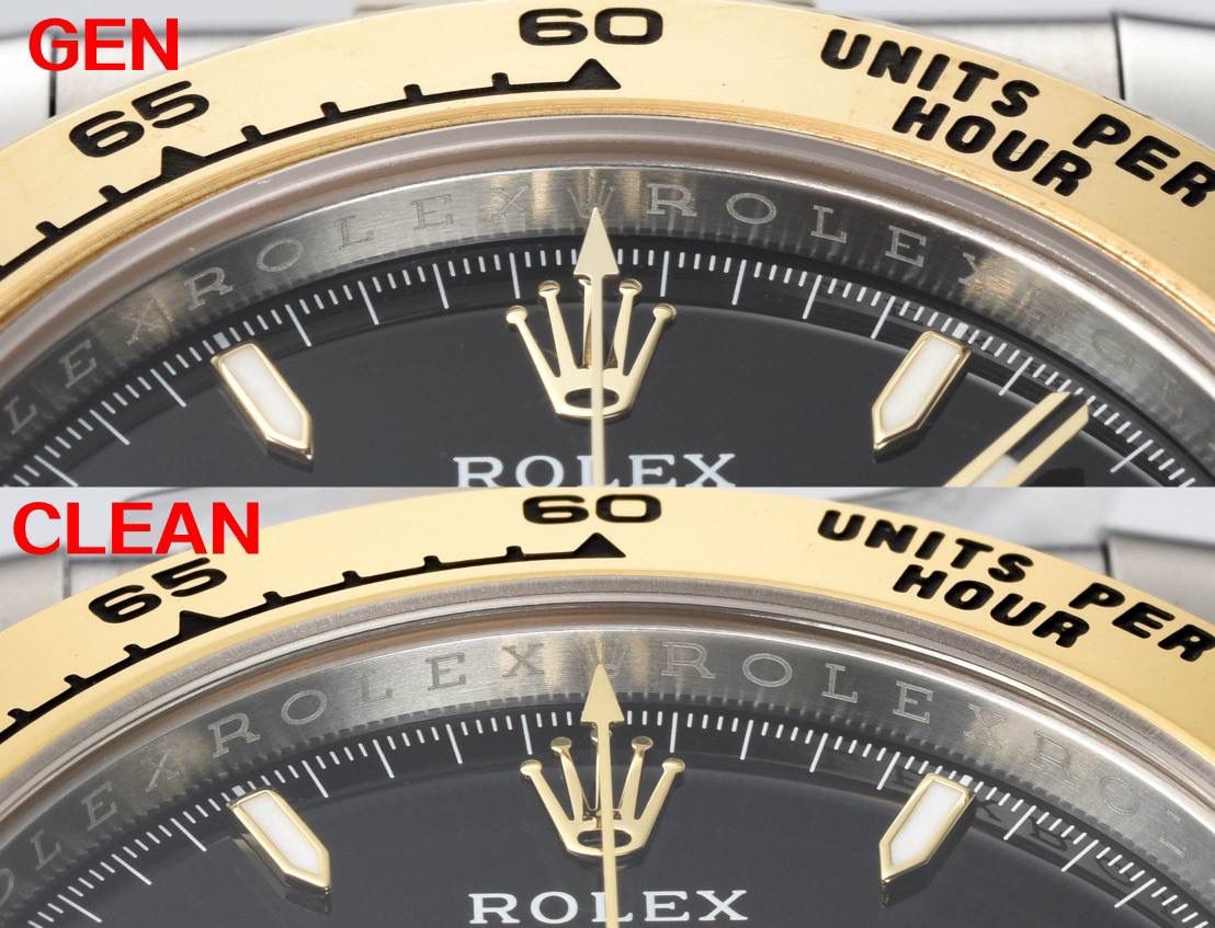 真假对比｜Clean厂 / C厂 126503（4131机芯） 🔥🔥🔥 间金黑面条钉 / 间金黑面钻钉（莫桑石） 本次对比依旧基于真品开模。C厂坚持每一款腕表都需购入真品进行拆解研究，而非单纯“看图做货”。这是我们一直以来对表友负责的基本原则。 此次推出的 126503 新款，最大亮点在于全新的 369 表盘设计： ✅表盘中心采用放射纹工艺 ✅边缘圆环区域则使用细腻的磨砂处理 ✅在外圆内侧还增加了一圈 约 30° 角度的抛光亮边 这些细节并非肉眼即可轻易判断，只有在完整拆解真品后才能准确还原，本次也都一一进行了复刻。 钻钉版本依旧采用 莫桑石 制作，在亮度与切工层面保持稳定表现。 从整体对比图中可以直观感受到 C厂在细节处理上的投入。高制作成本也意味着成品标准更高，因此在价格层面相较部分同类产品会略高一些，这一点也希望大家能够理解。 值得一提的是，C厂几乎会为每一种配色单独购入真品进行开发，因此其真假对比往往也是最完整、最真实的。同时，部分款式因工艺要求较高，会经历多轮反复修改，个别零部件的开发周期甚至以“年度”为单位计算。 我们的原则始终明确： 真品开模，做不到位，绝不出货。 宁缺毋滥，这从来不是一句口号。