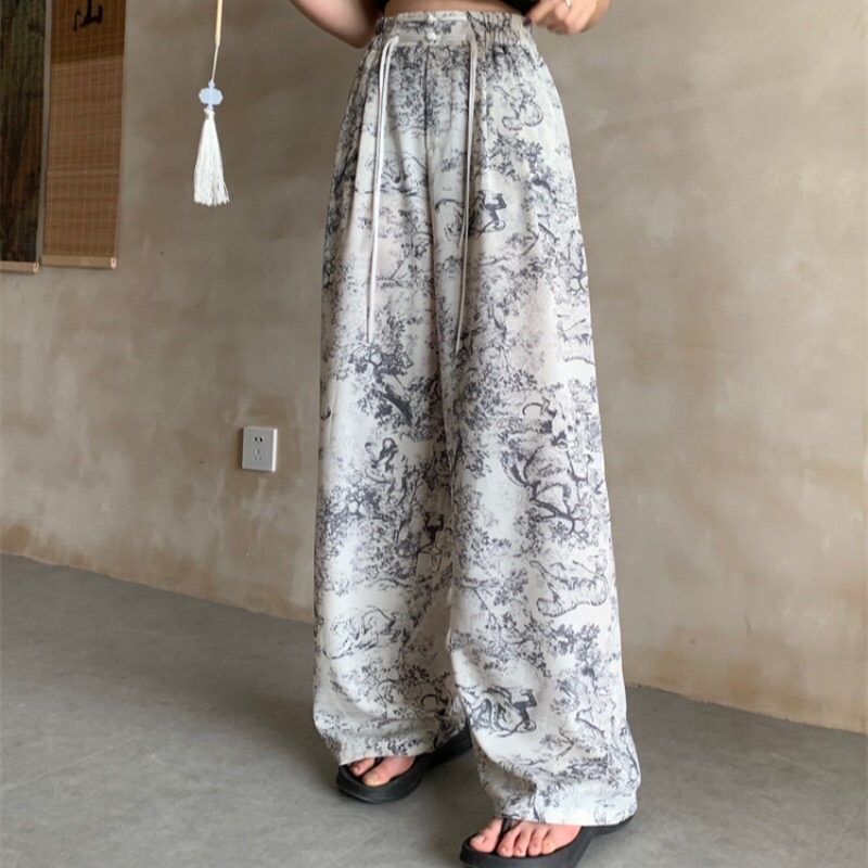 B319(66012) 新中式水墨风扎染前排盘扣流苏黑白直筒长裤