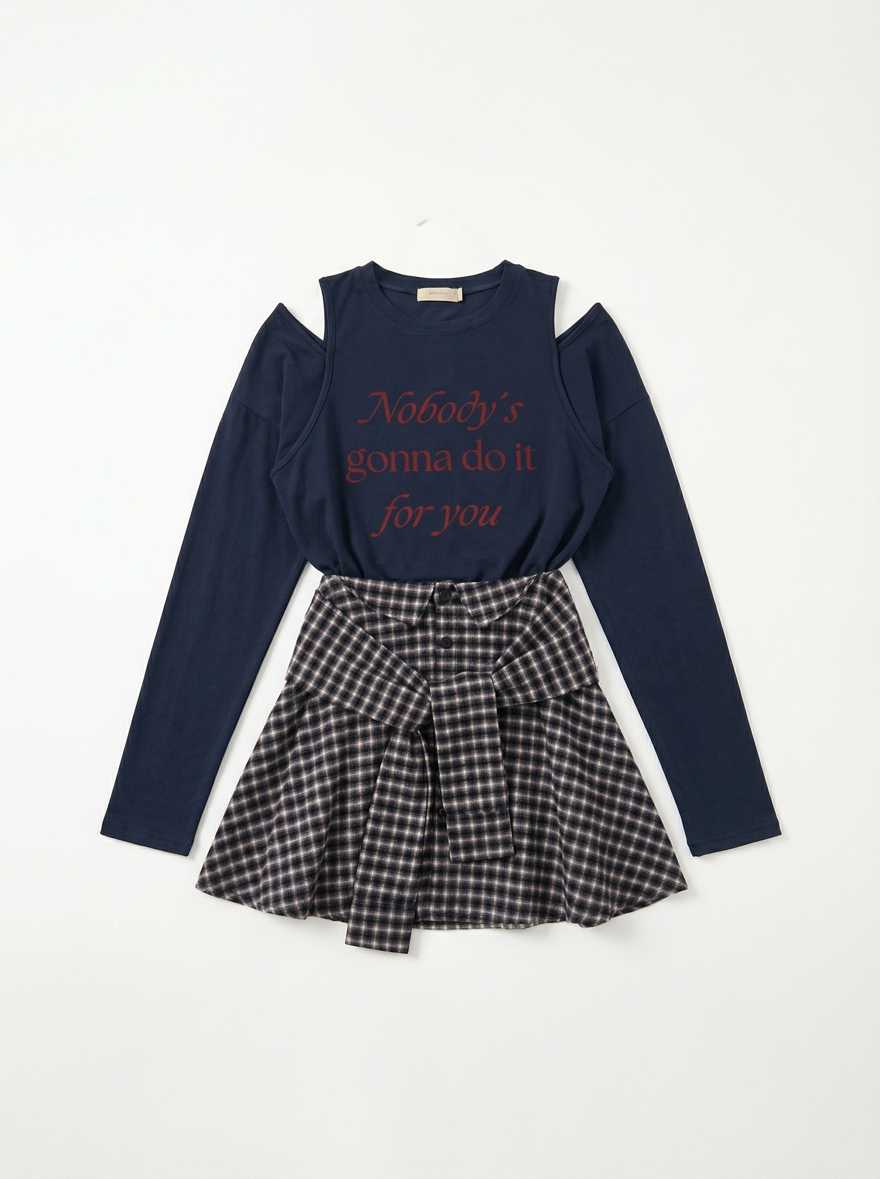 文字開衩長袖上衣＋格紋蝴蝶結百褶短裙褲套裝