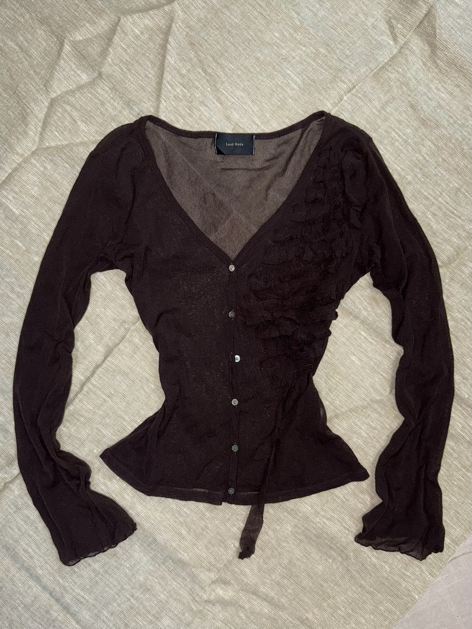 Brown Sheer V-Neck Ruffle Top/Outer