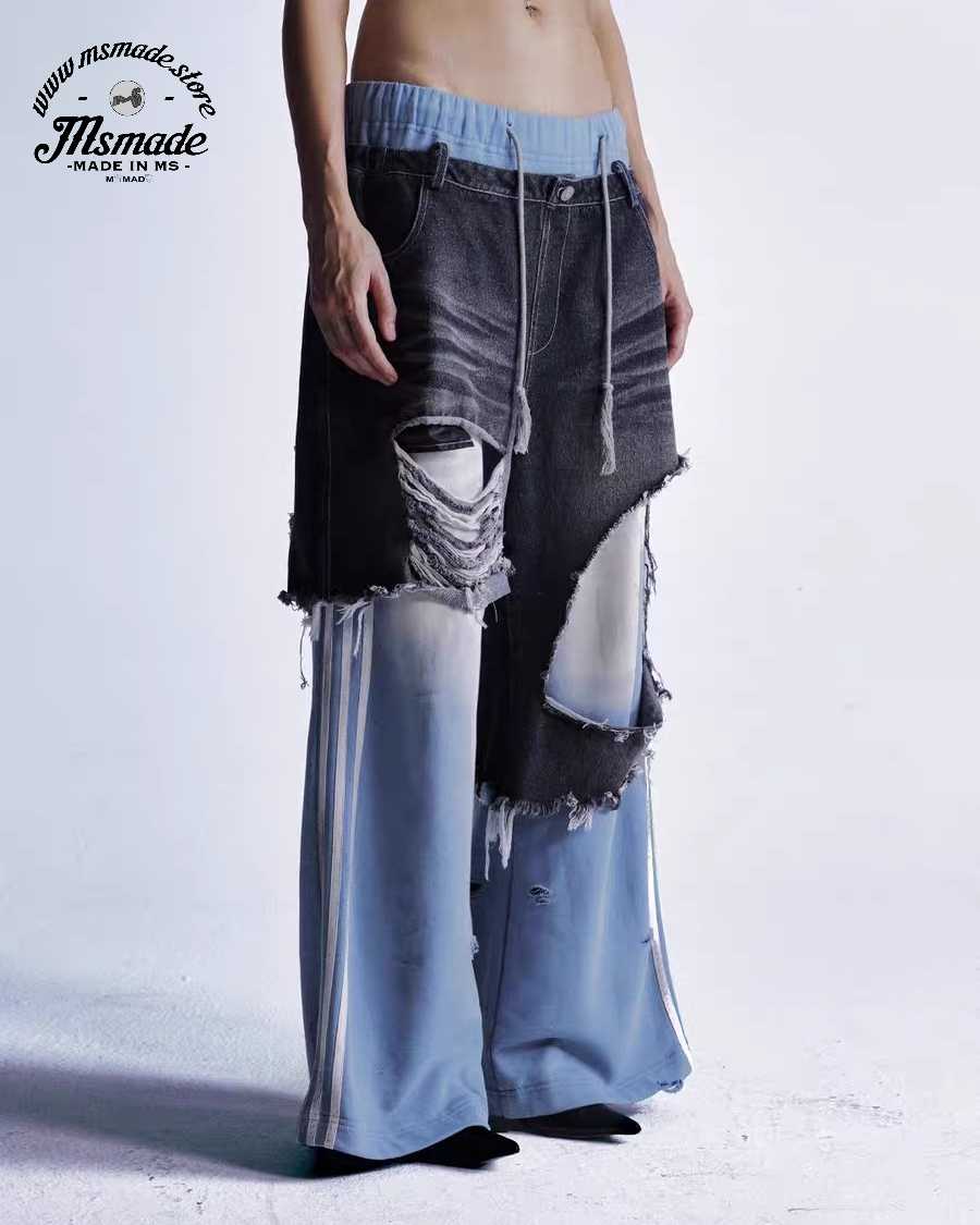 M022拼接牛仔撞色假兩件喇叭褲