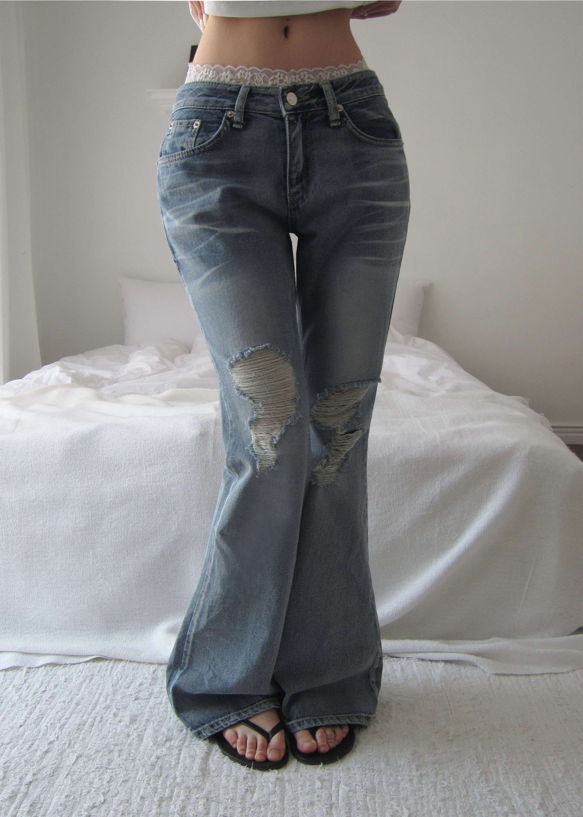 Washed Distressed Flare Jeans
