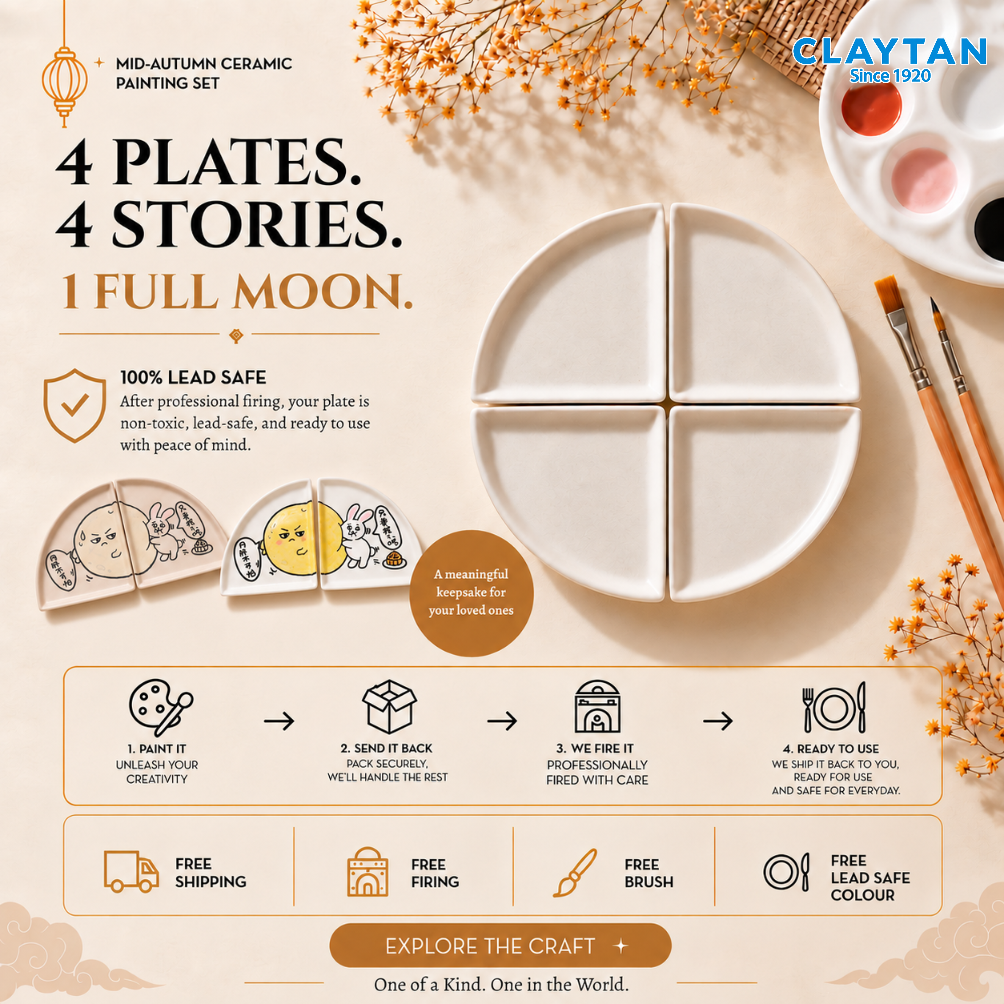CLAYTAN Mid-Autumn Ceramic Painting Set | 4-Piece Full Moon DIY Plate Set | Paint, Fire & Cherish