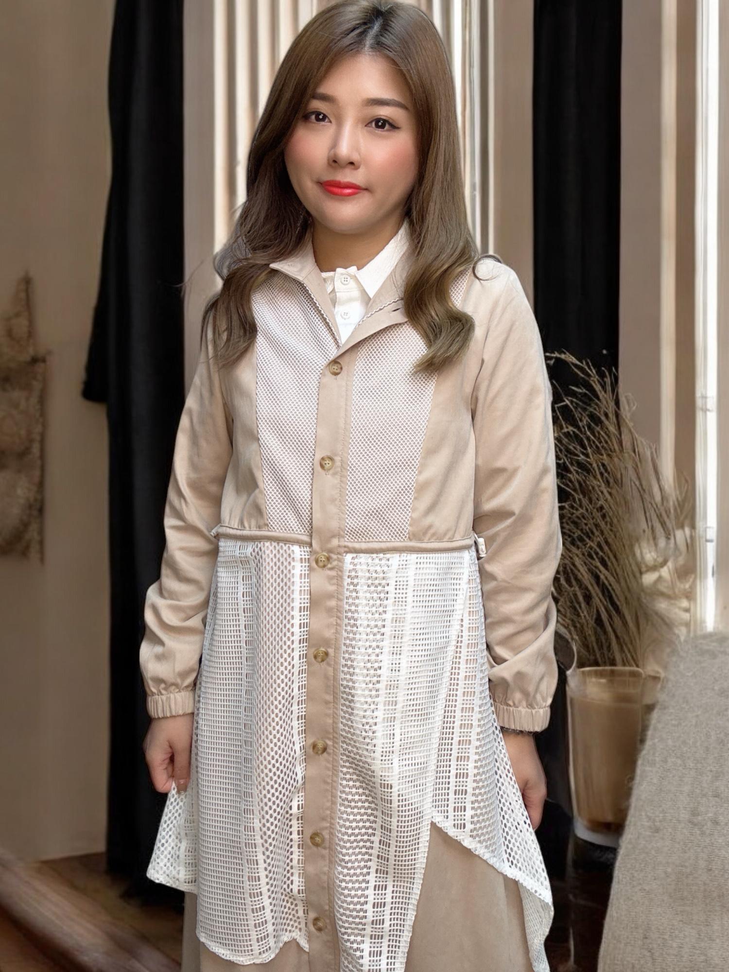 103546 BS 自家款 洗水磨毛布拼接條子網布連身裙外套