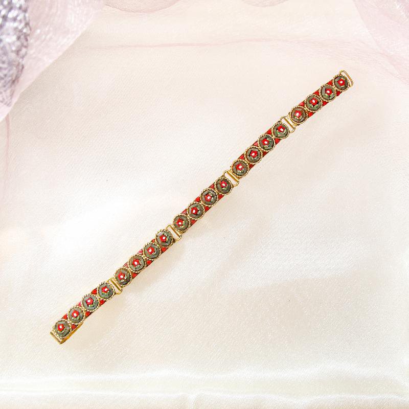 C.a. 1950-60s New Old Stock Italian Mosaic Link Bracelet -Flower with Branch - Grey x Red(FA210)