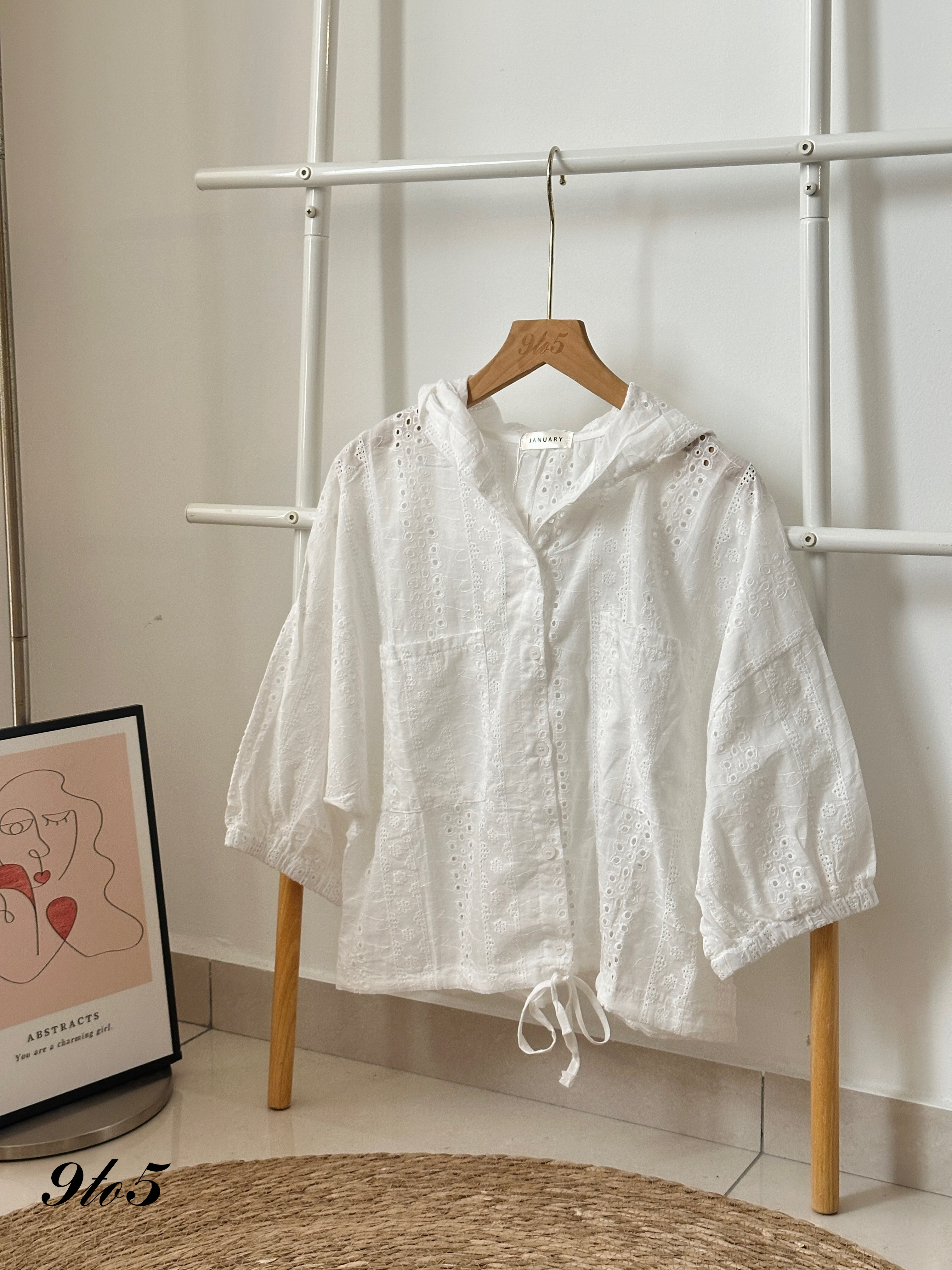 T3916 Floral Hoodie Top - White