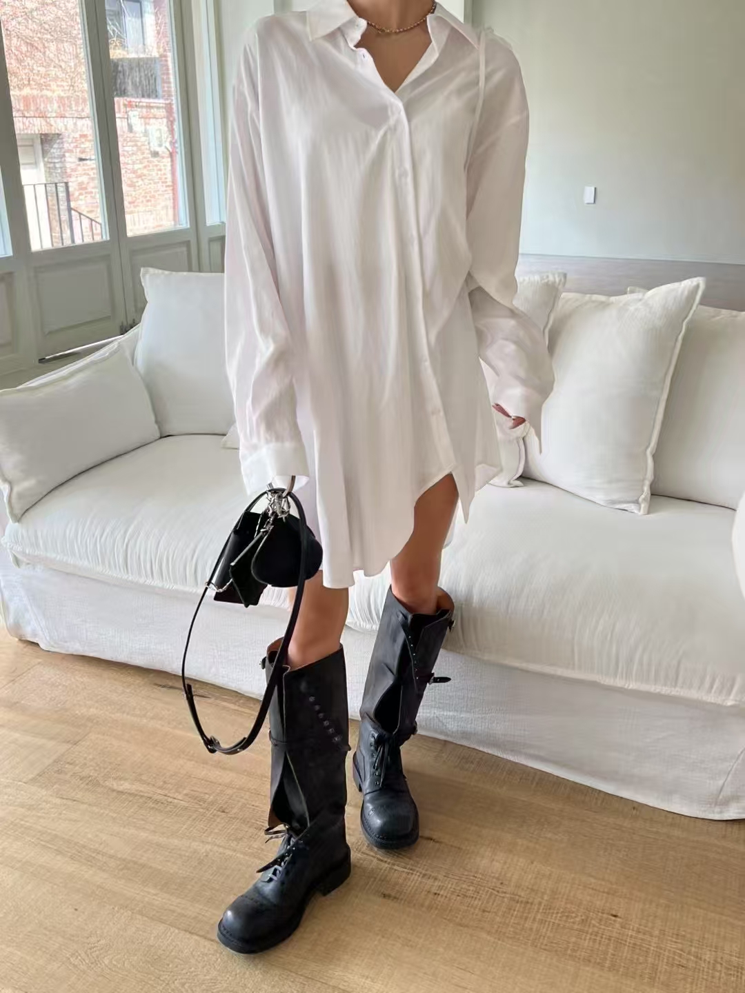 White Oversized Shirt Dress with Waist Tie Detailing‖ 腰间细带白色宽松衬衫式连衣裙 KR01938051