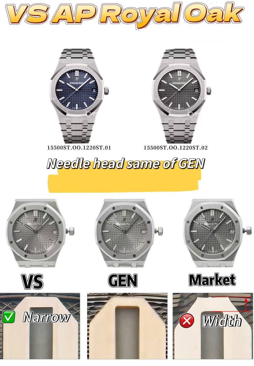 VS AP15500年度爆款丹东4302一体机芯（最新陶瓷滚珠轴承版）预售！ 1️⃣ 丹东4302一体机芯按最新原版开发（陶瓷滚珠轴承） 2️⃣VS表盘棋盘方格纹理形状相似度提升至原版的95%以上 光泽细腻 3️⃣ 表带长度与原版一致23节（非市场24节） 4️⃣ VS头粒下垂与原版效果幅度一致（头粒下垂） 5️⃣VS精密度高，时针分针针头宽度与原版一致（非市场做太宽了） 6️⃣VS与原版一致夜光有颗粒感、日历字体暖黄色。 7️⃣钢带细节与原版一致，螺丝孔下沉，“AP”字脚像海狮脚 （具体看图）