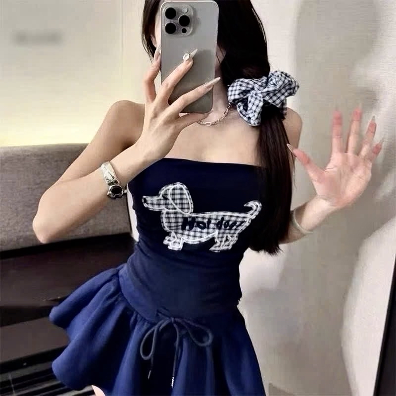 無肩帶上衣 狗狗圖案