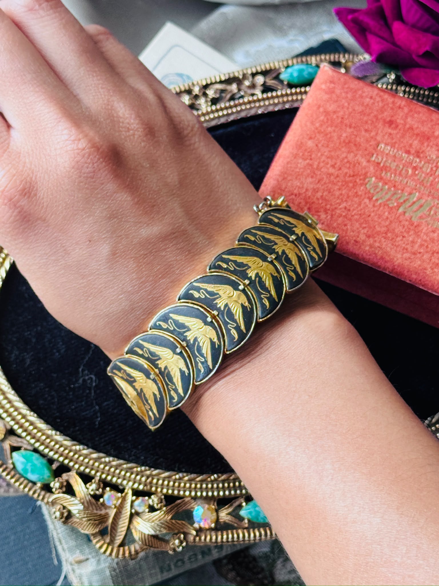 Mid-Century Black & Gold Damascene Crescent Shape Bird Bracelet  - 7.5" (MT2617)