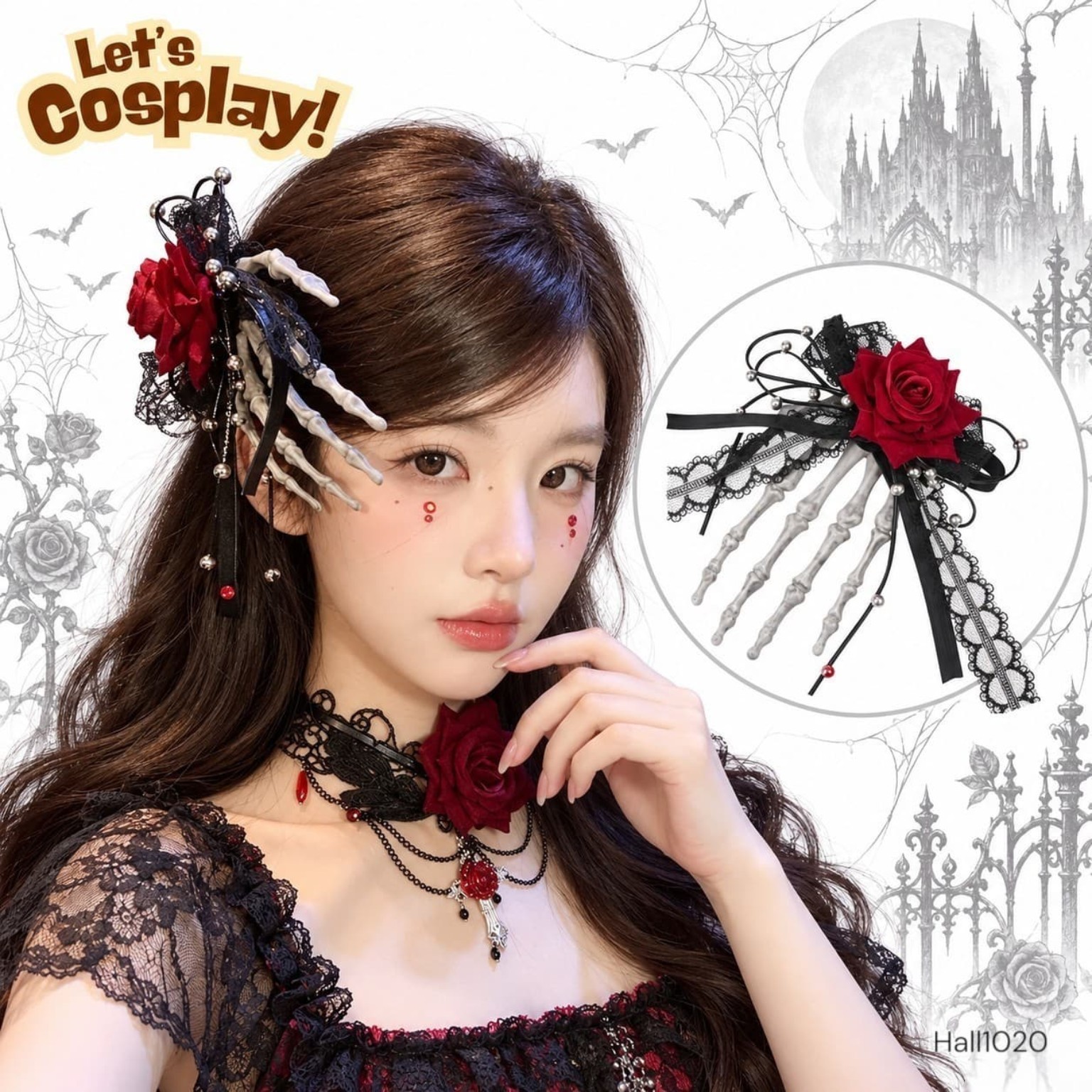 萬聖節骷髏手紅花蕾絲頭飾｜暗黑哥特恐怖髮飾 Halloween Hair Accessory HALL1020