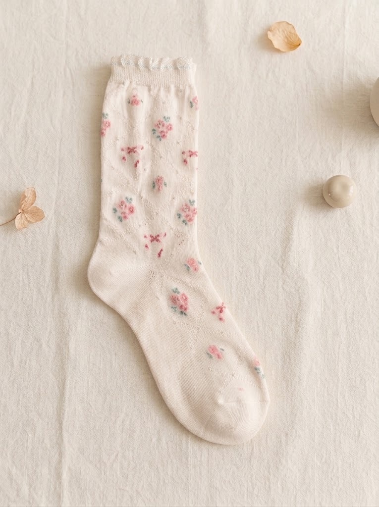 Korean Rose Floral Lace See-Through High Crew Socks