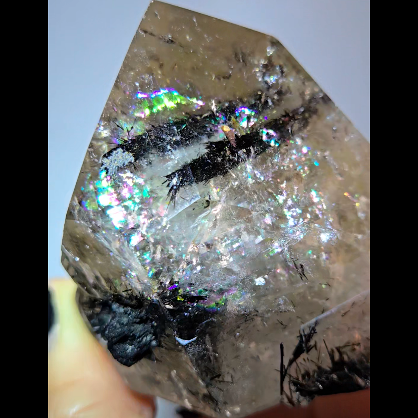 Black tourmaline inclusion smoky quartz with rainbows - RT1457