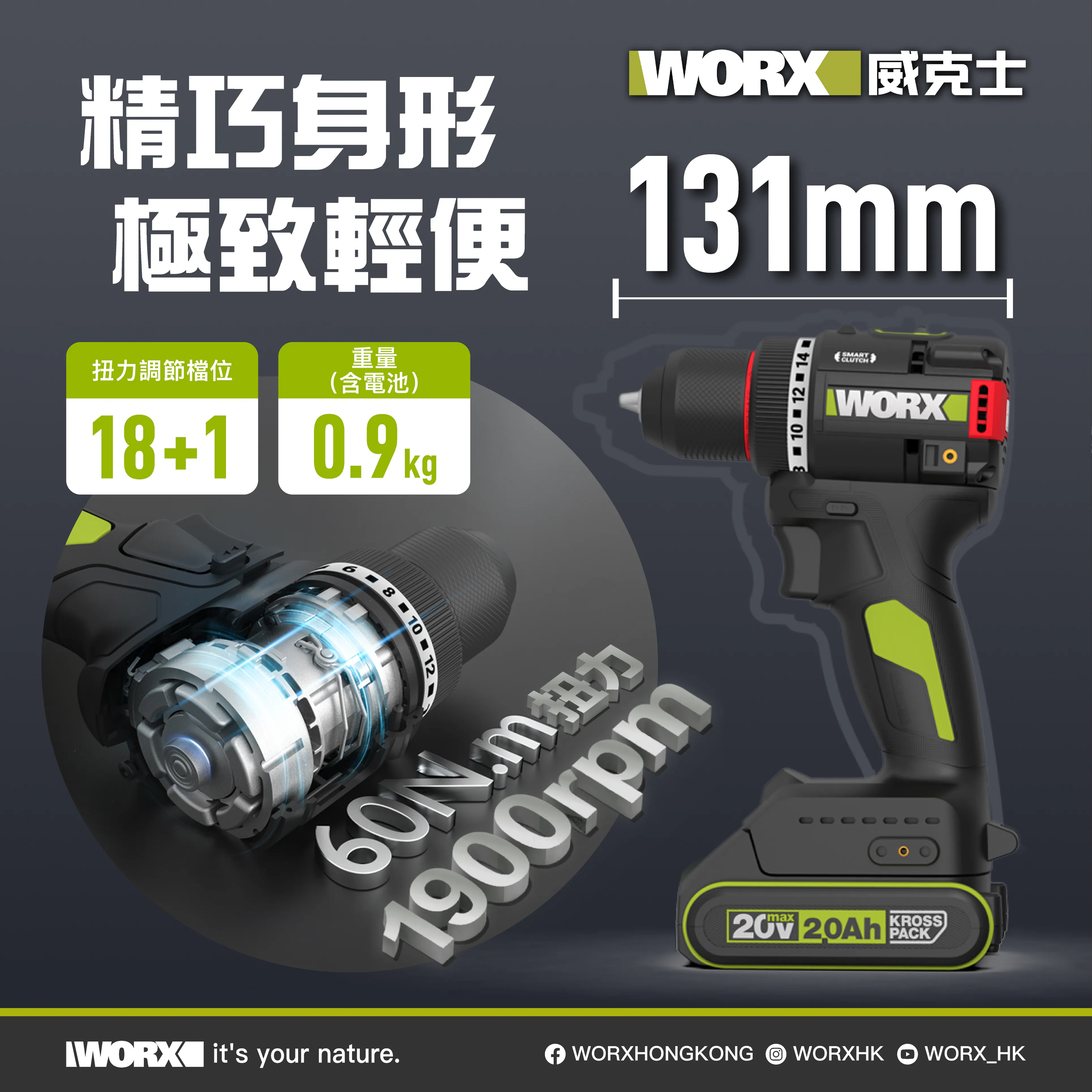 WORX WU176 10mm 智能無碳電鑽