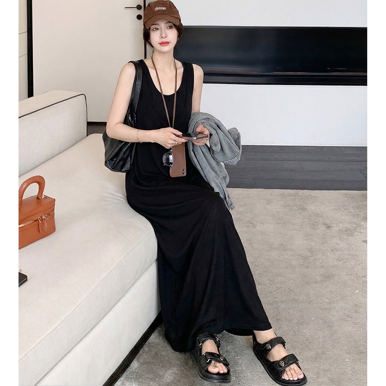 B262(61129) 韩系慵懒风U领假两件黑背心长裙