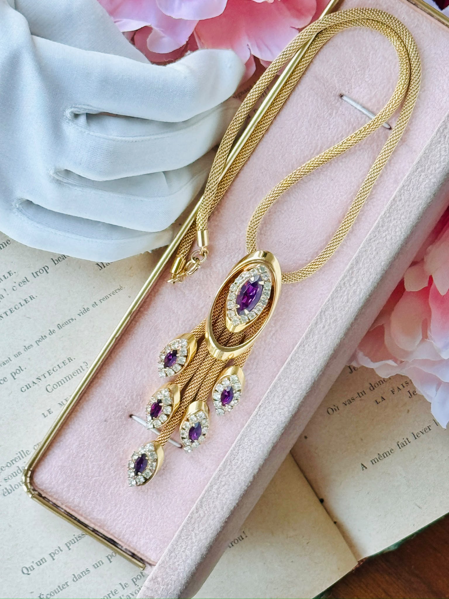 Rare !1960s Possibly "Kramer of New York" Amethyst Glass Tassel Necklace(MT2646)