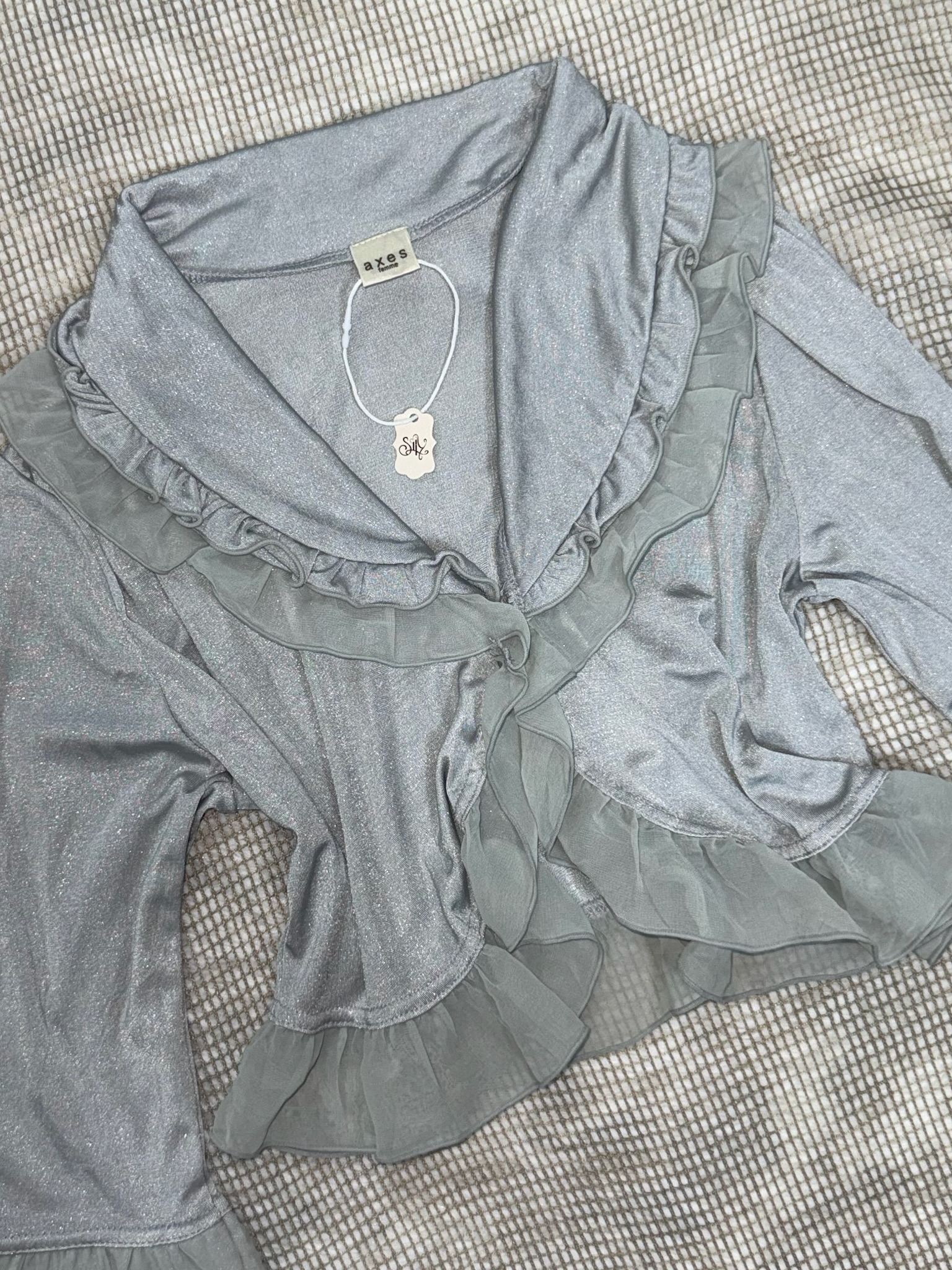 Axes Femme Blue Metallic Flounce Crop Cardigan