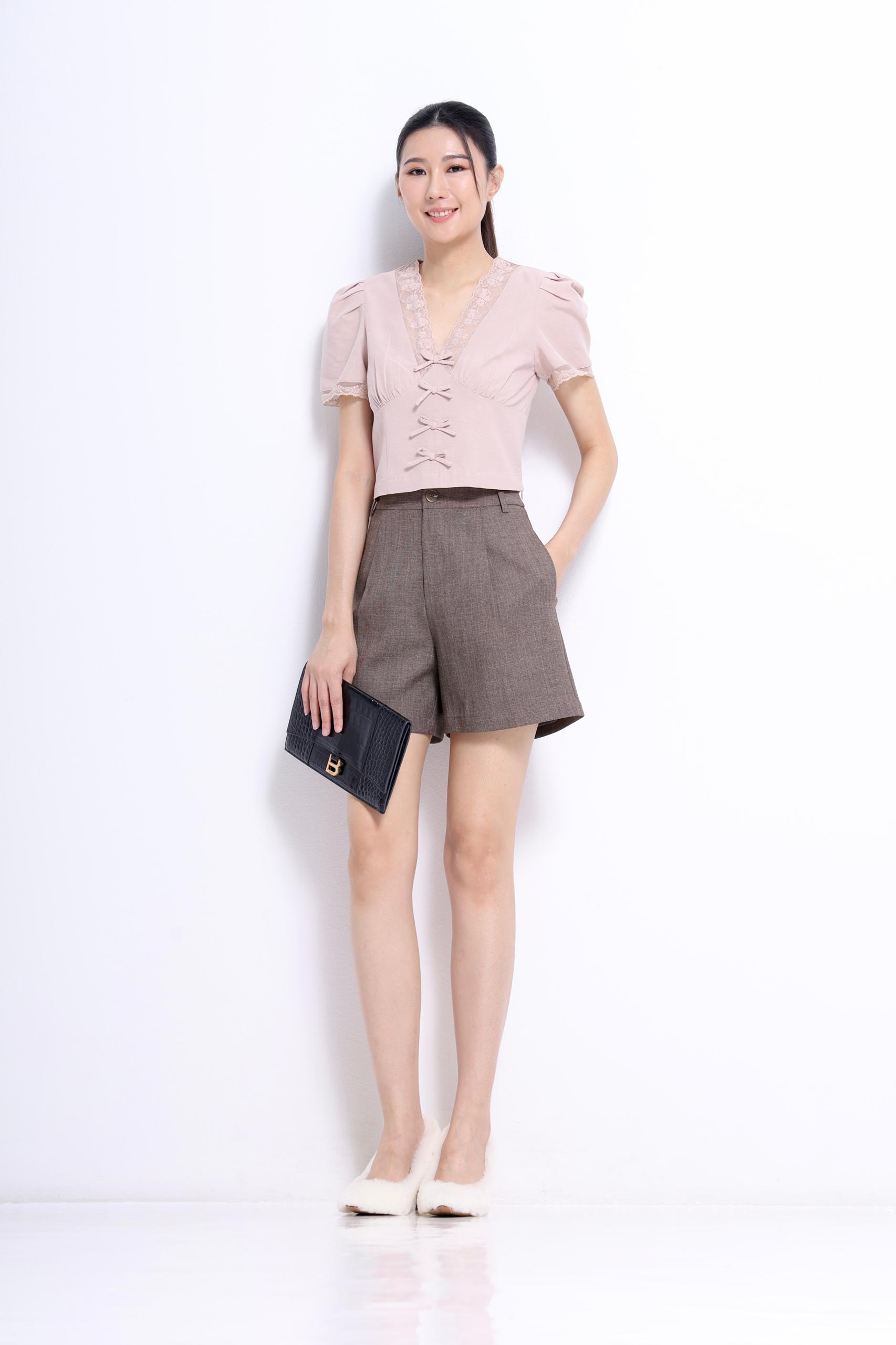 CB2743 French Lace Bow Cropped Blouse