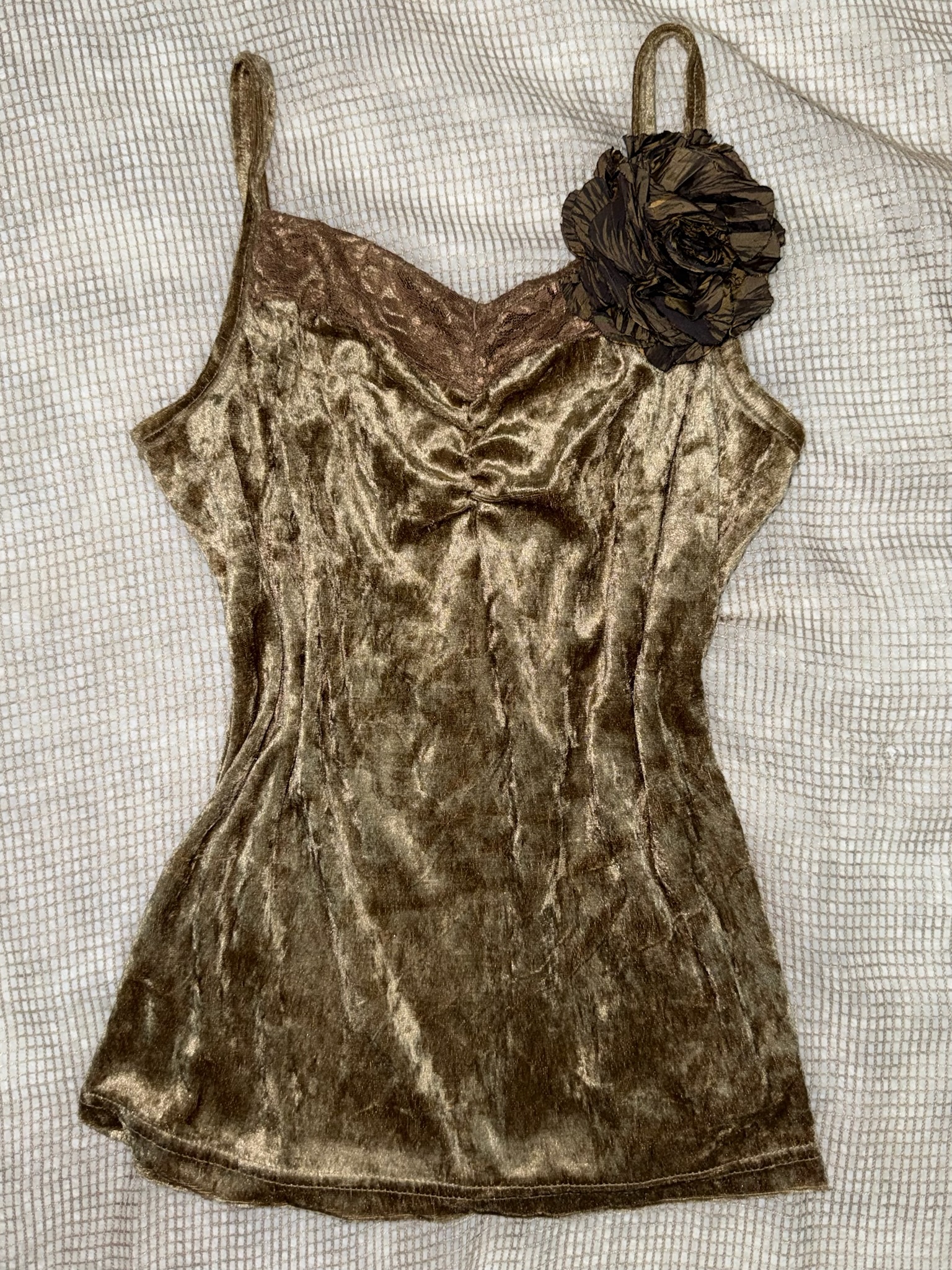Vintage Fairycore Crushed Velvet Flower-Detail Cami Top