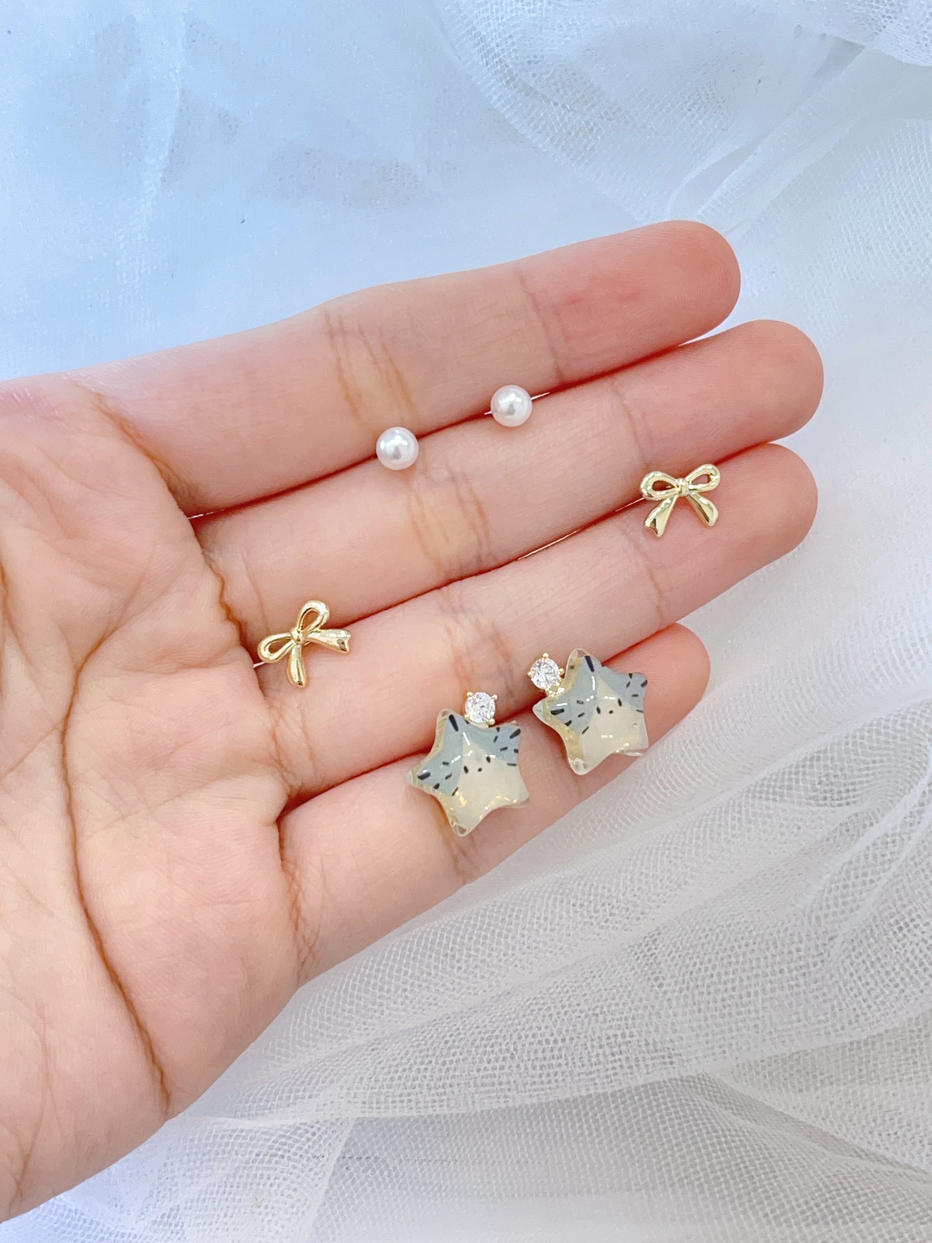 树脂星星猫咪蝴蝶结耳环套装