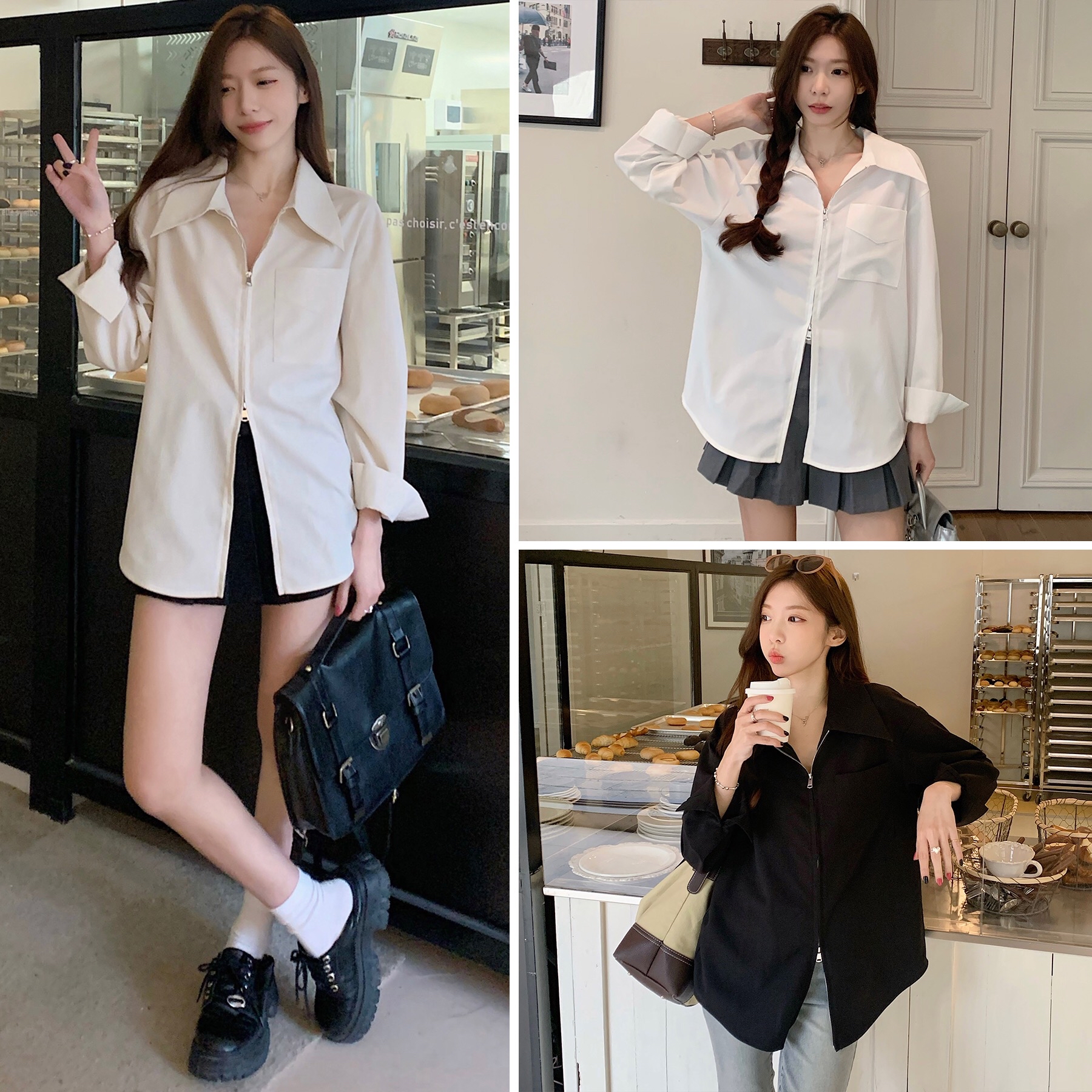 B268(66046) 法式气质翻领前排拉链单口袋下摆大开角3色衬衫上衣