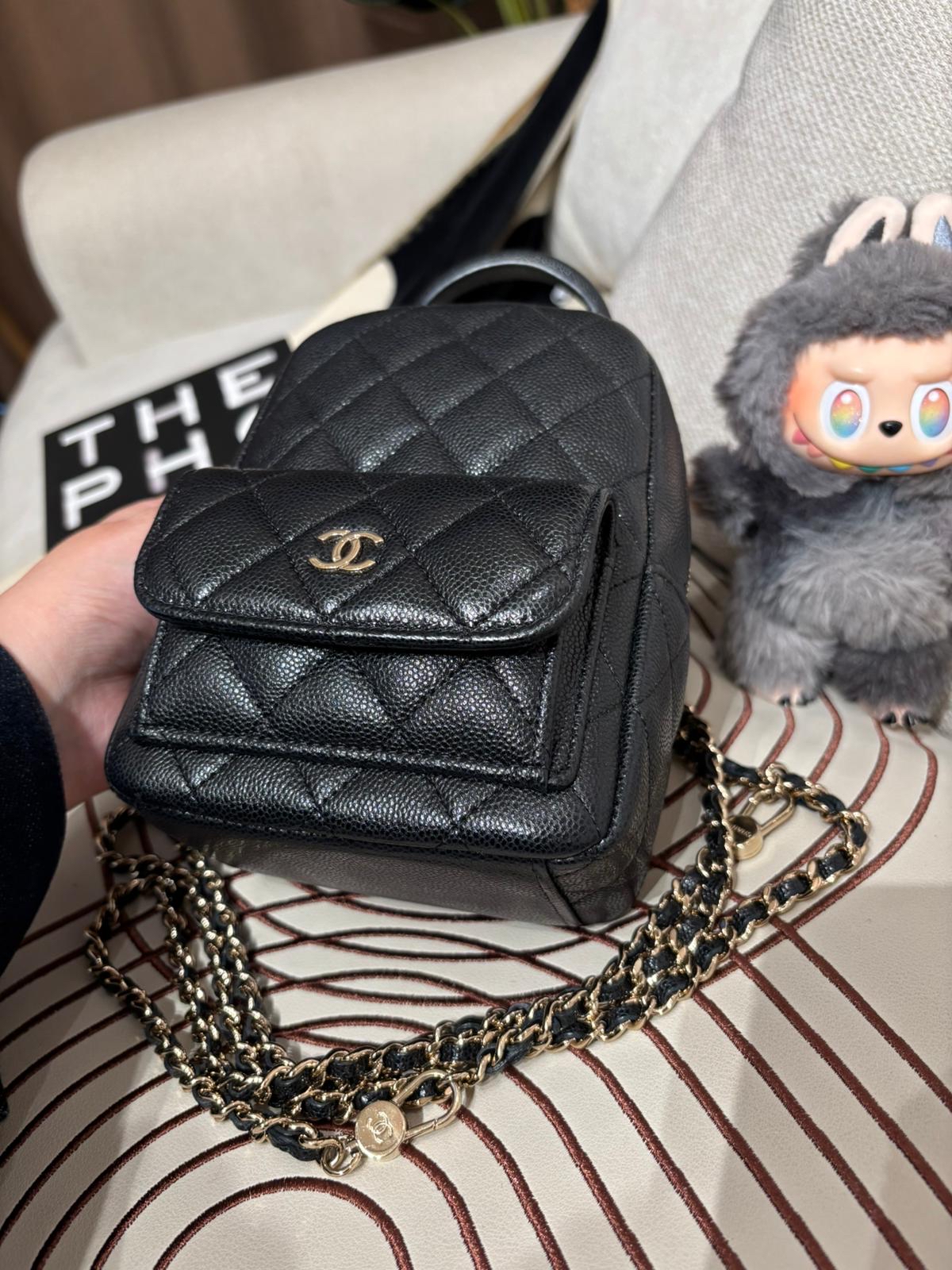 Chanel mini backpack 黑色荔枝牛皮淡金扣迷你背囊24C,100%Authentic,98%new ✅晶片✅dust bag✅box