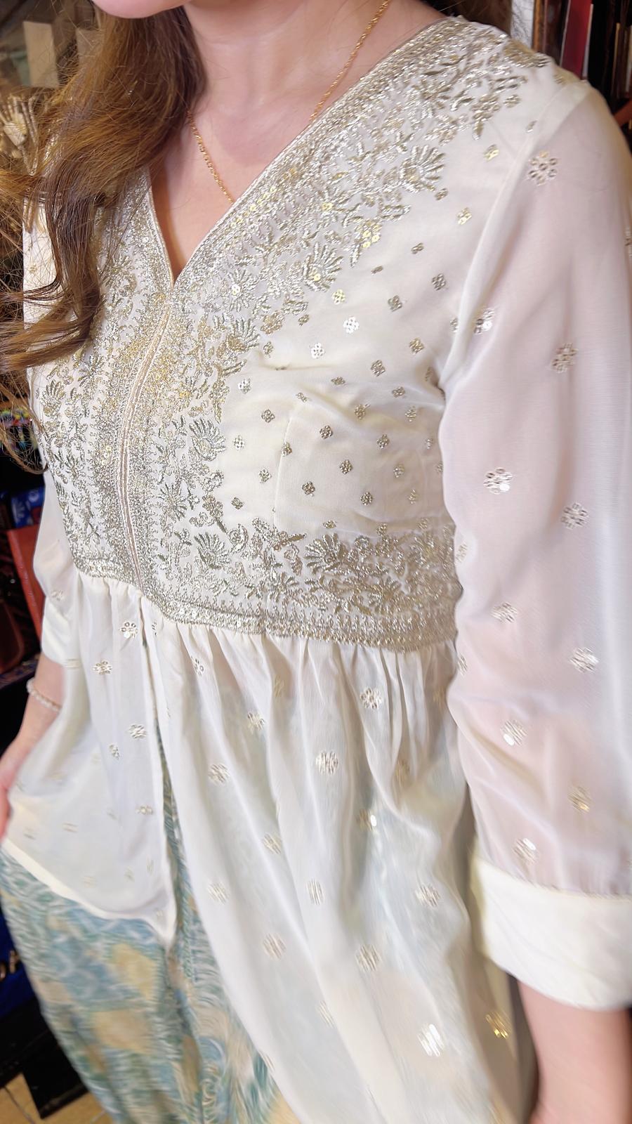 Milky White See-through Y neck full emb. mid sleeve top #634