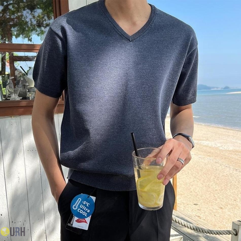 【100%保證韓國直送】Linen Blend Washable 輕量透氣亞麻混紡可機洗微落肩 V 領短袖針織衫 👕 [5 color] RG165896