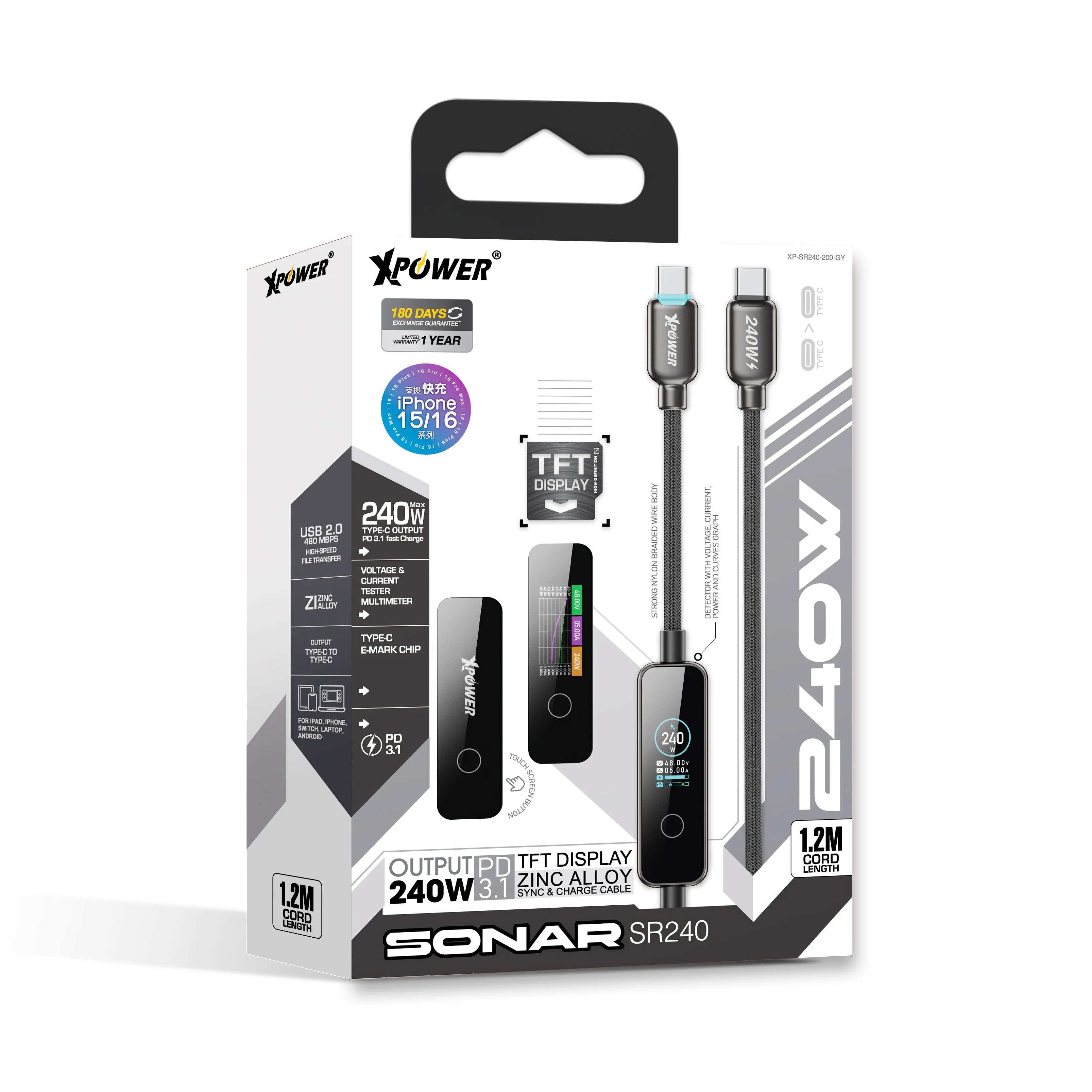 XPower SONAR SR240 TFT顯示鋅合金 240W PD3.1高速傳輸充電線