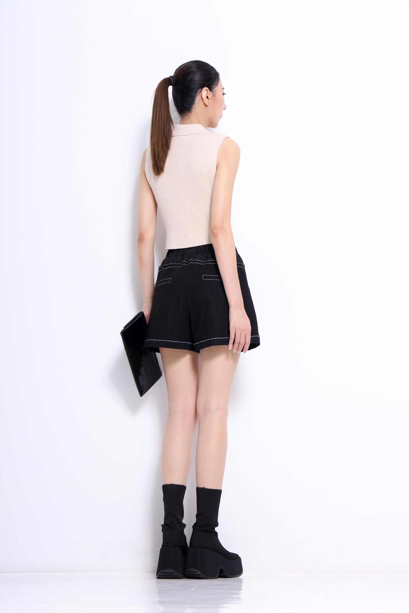 CP1619 DOUBLE WAISTED DRAWSTRING DENIM SHORTPANT