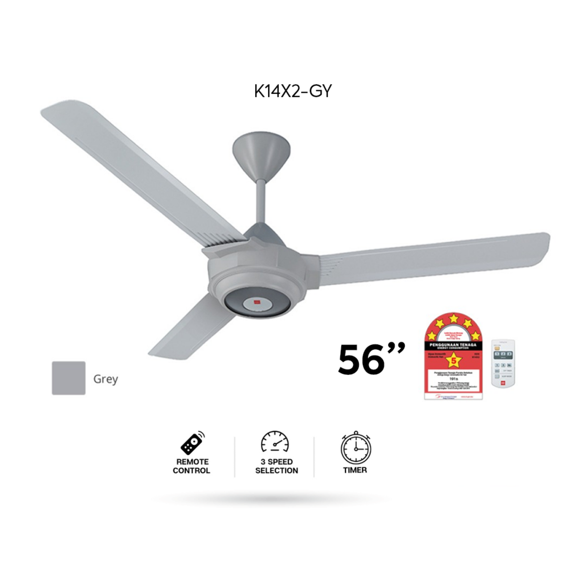 KDK 56" 3-Blade Remote Ceiling Fan K14X2-GY (Grey)