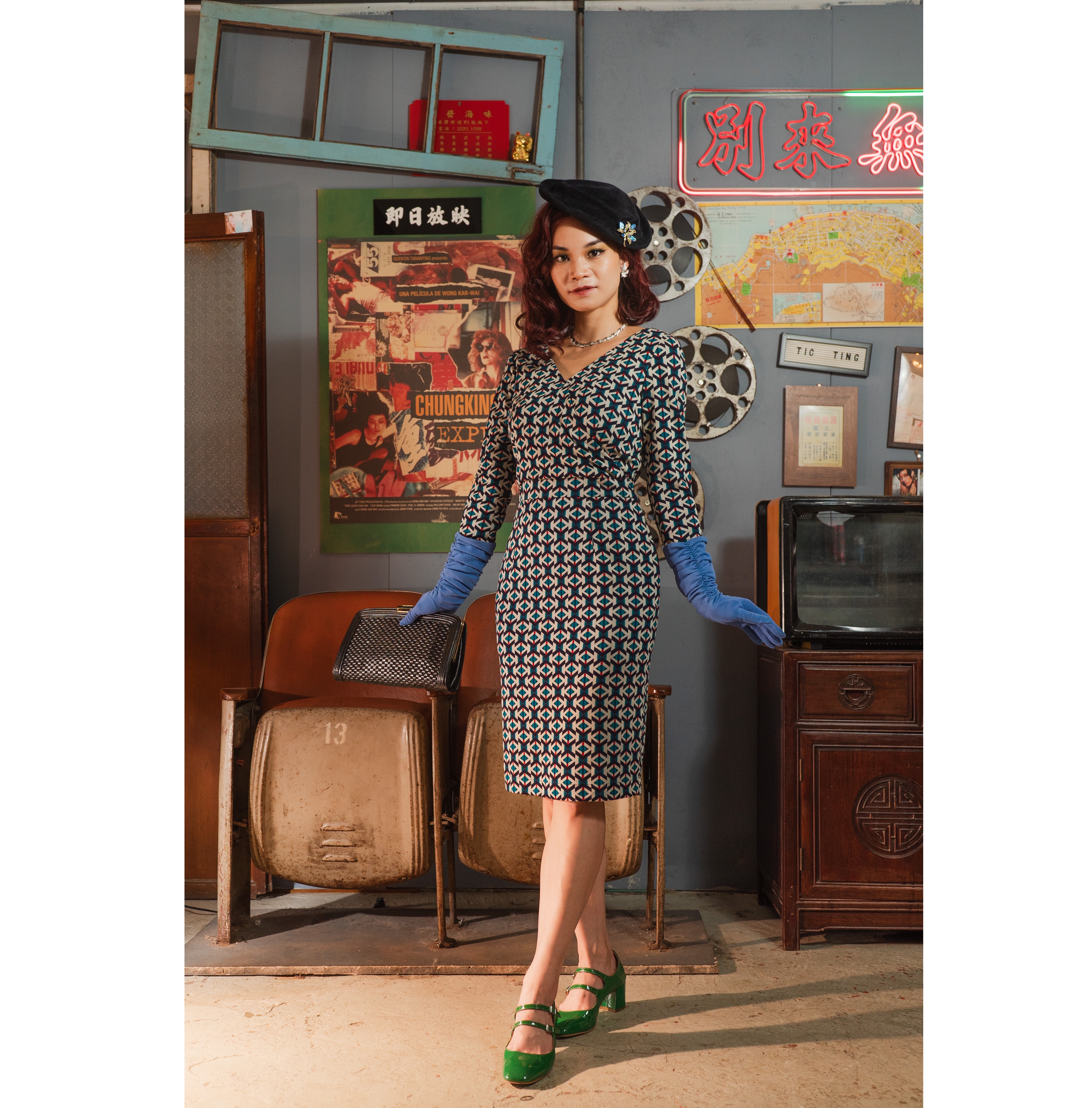 (Last M)1970s Style Miss Suzie Geometric Half-Wrap Jersey Dress(FM165)