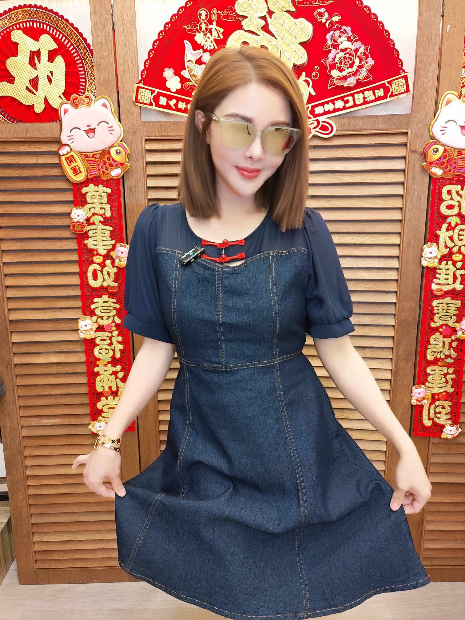 TW#5837 盘扣网纱牛仔连衣裙