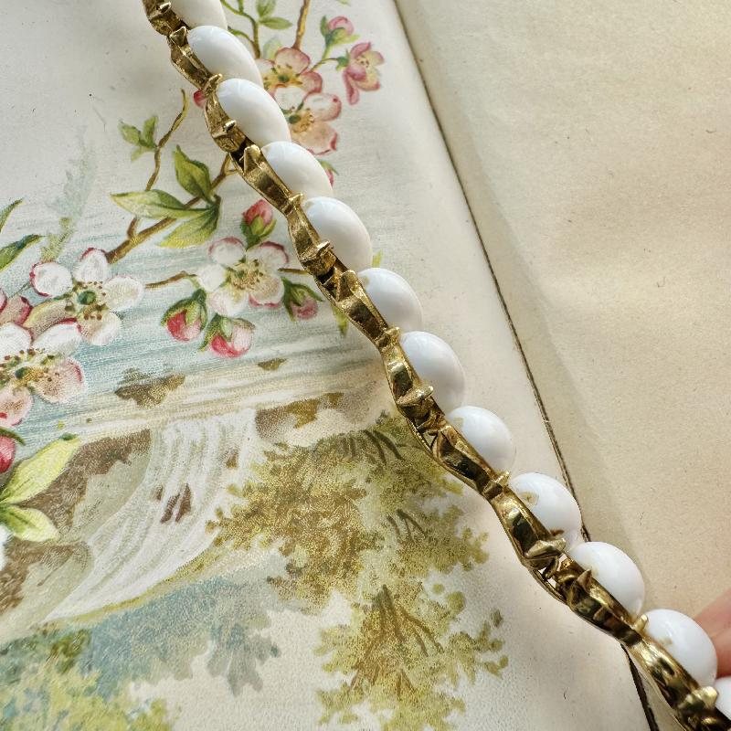 RARE! C.a. 1960s Crown Trifari Molded Milk Glass Three-Piece Jewelry Set - Necklace, Clip Earrings and Floral Brooch (MT1851)