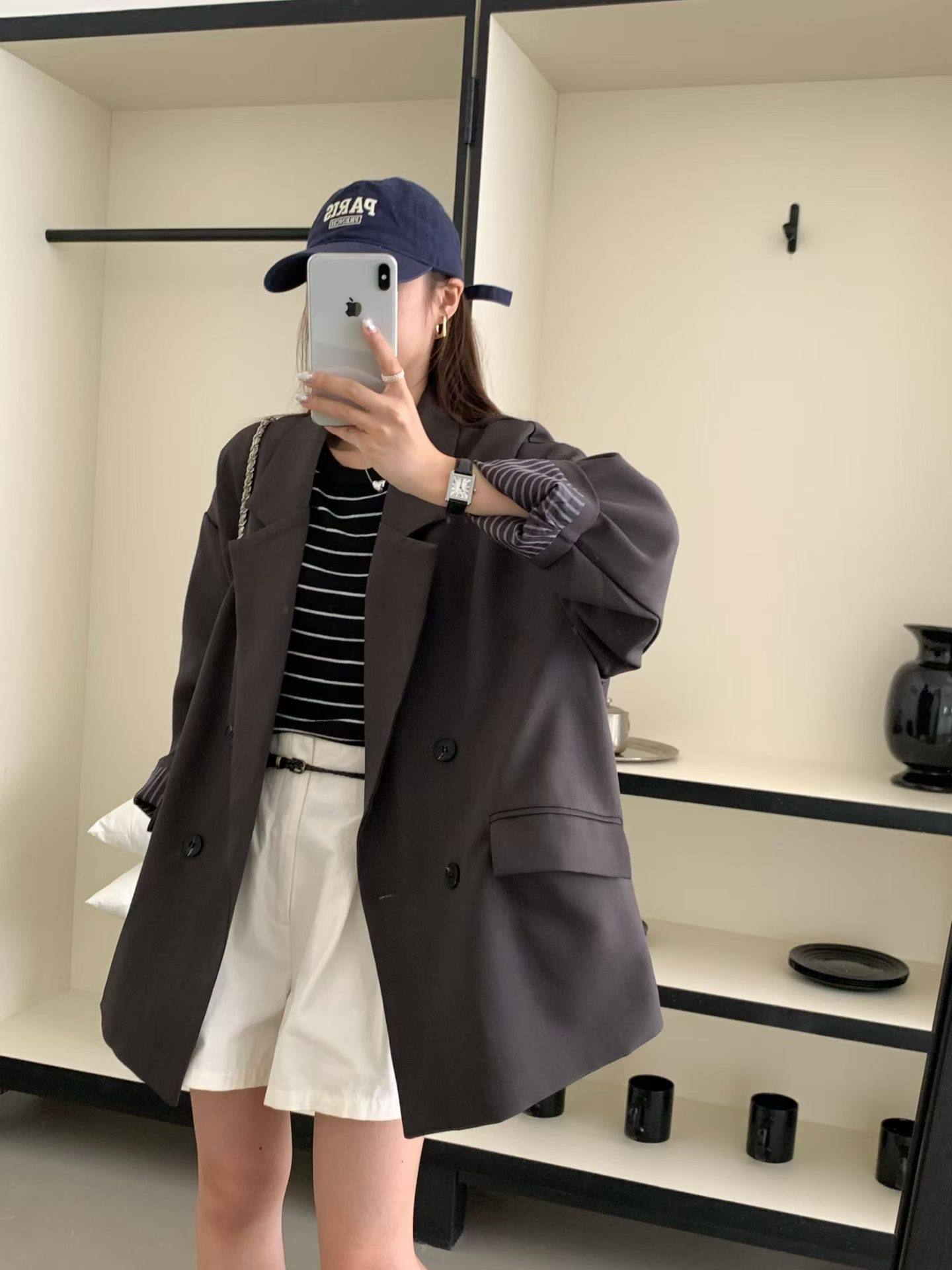 條子反袖西裝外套