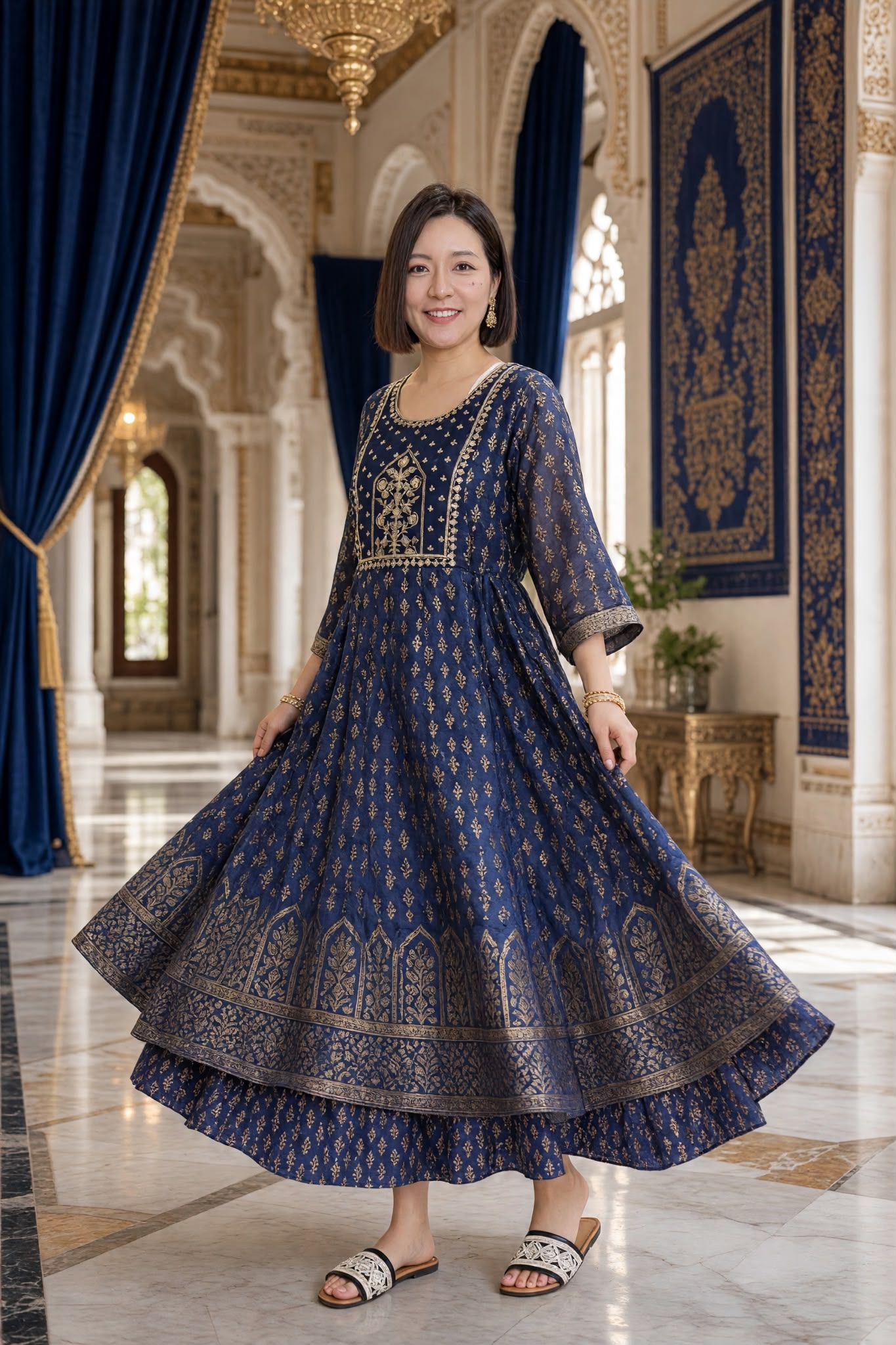 3579 Navy Blue Golden Stampling See-Through 2 Layer OP 50"