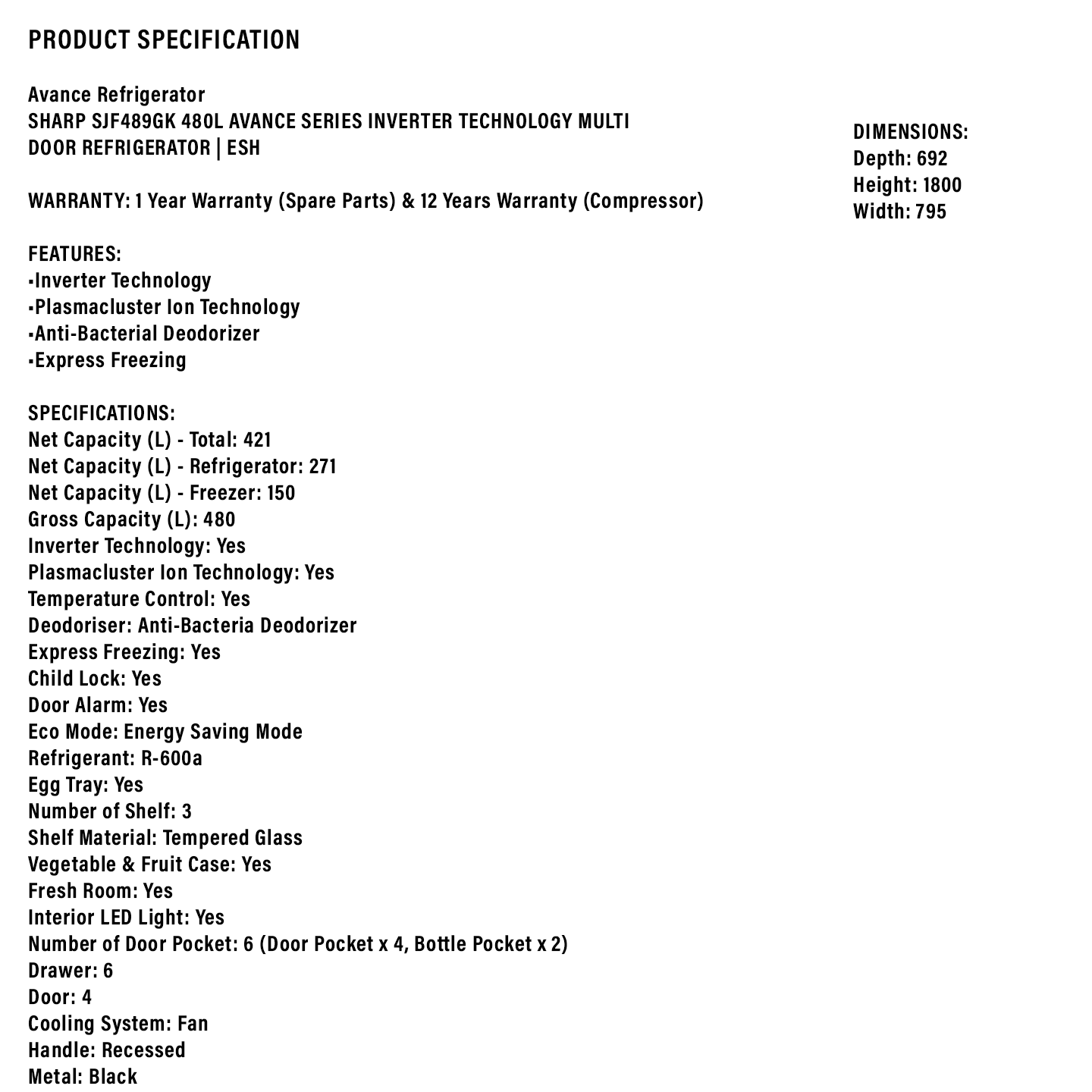 Sharp 480L Glass Door 4-Door French Refrigerator (SJF489GK)