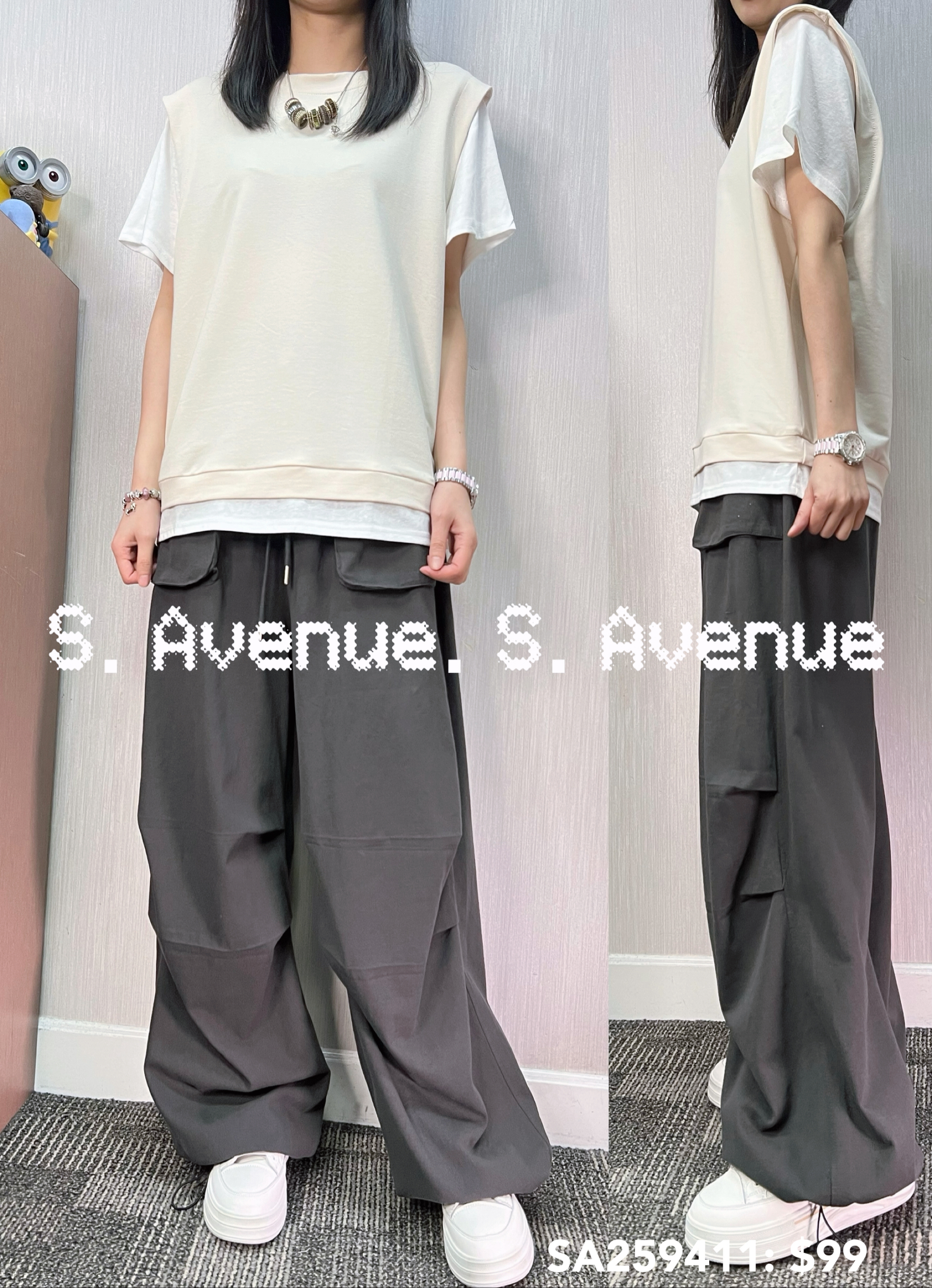 SA259411: 短袖假兩件鬆身tee