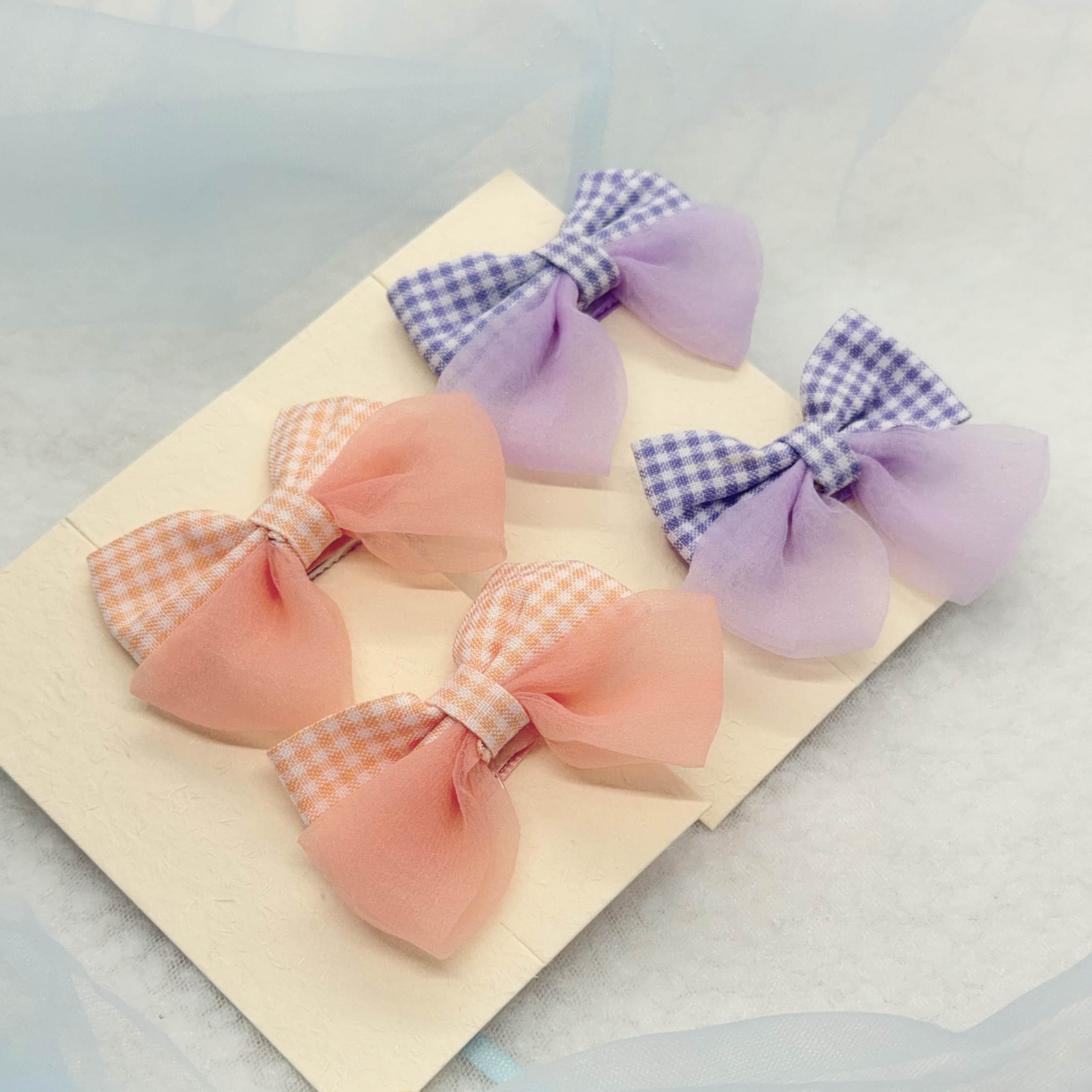 粉橙/粉紫蝴蝶紗鴨咀夾(全包邊) (4pcs/set) *Minimore自家出品 