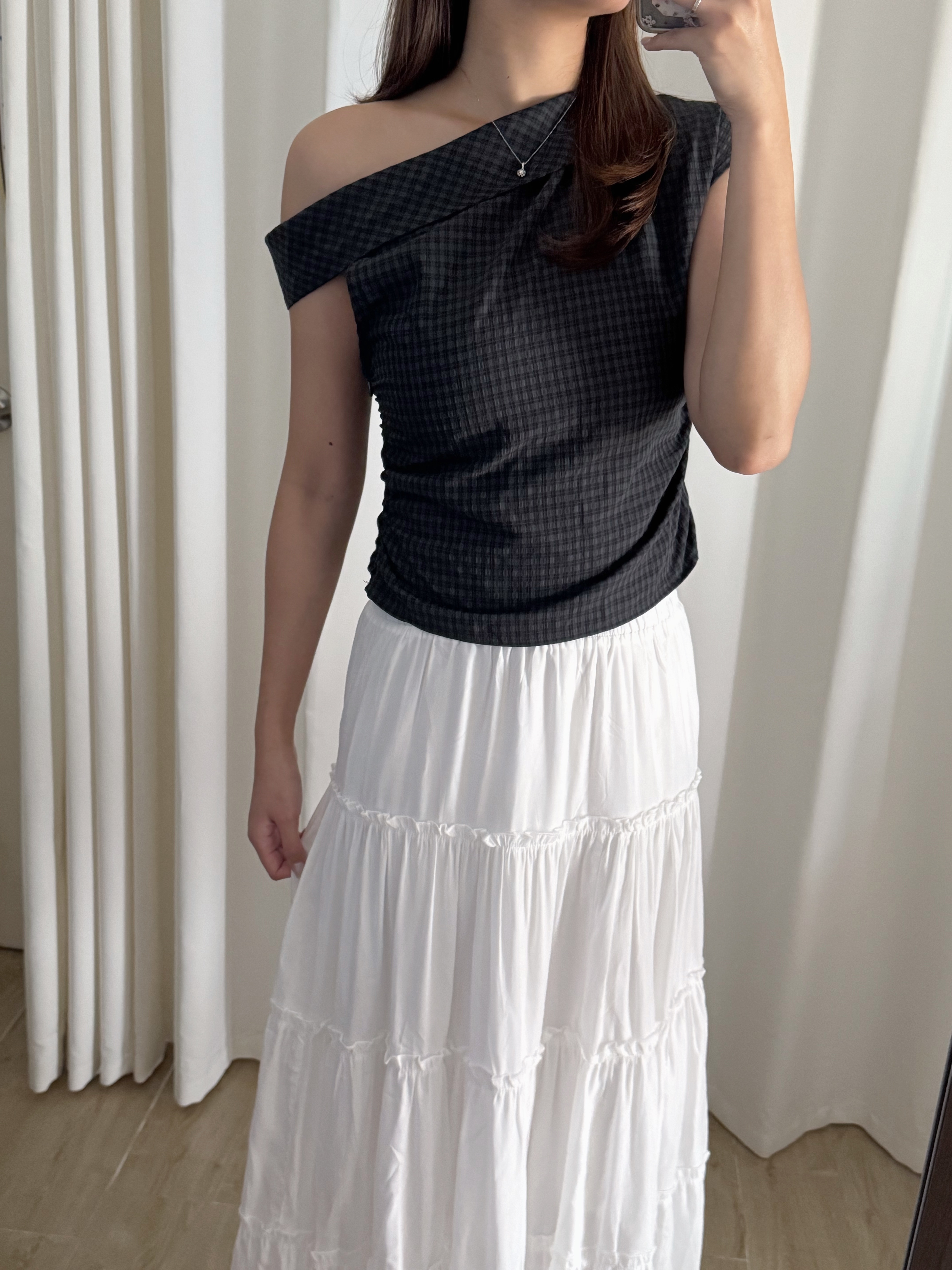 格子斜肩短袖上衣(兩色入)