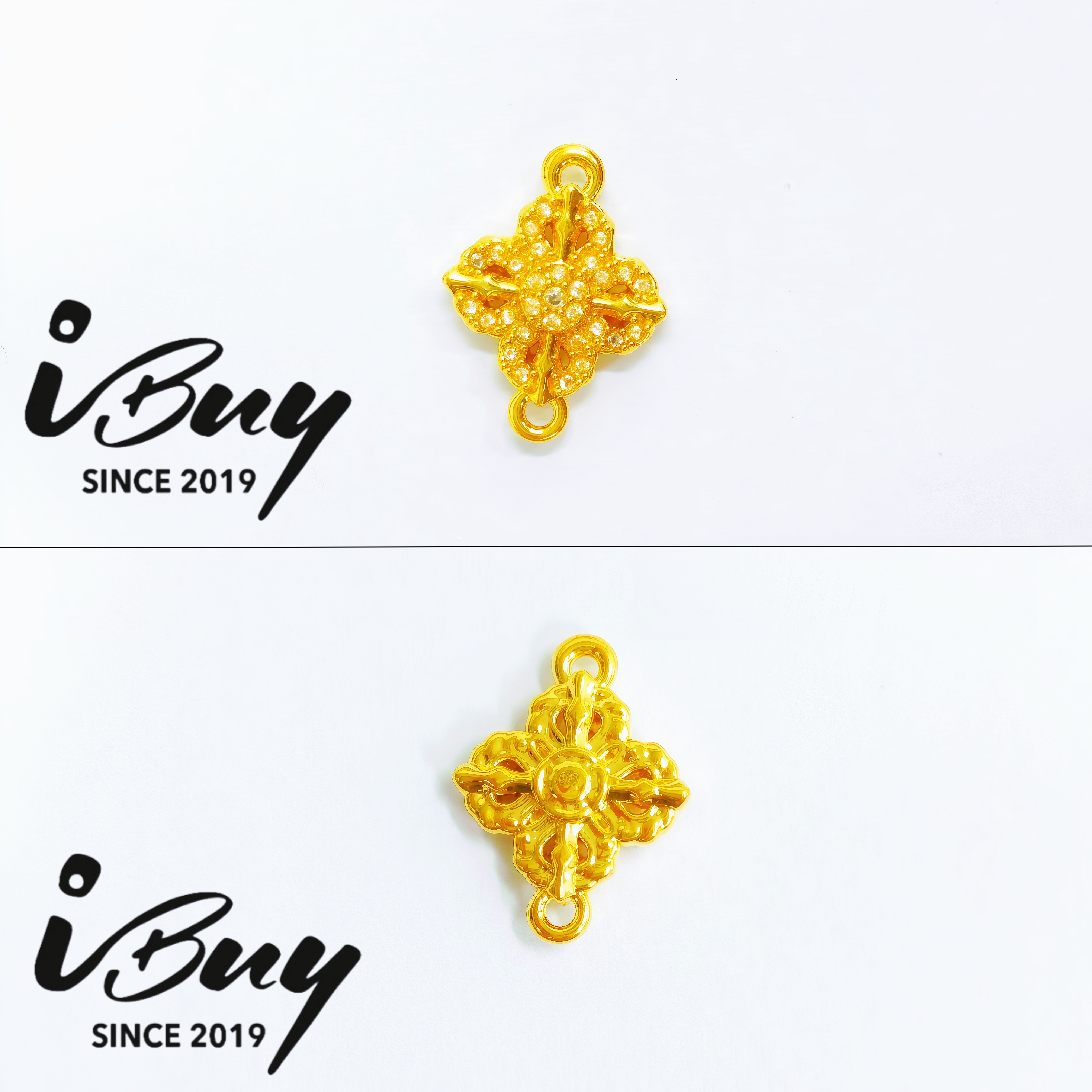 999 GOLD DIAMOND STUDDED CROSSED VARJA CHARM 999 金 镶钻十字金刚杵串咀