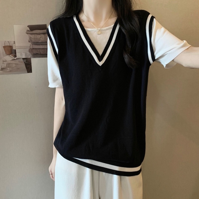 B334(860) 韩版学院风减龄假两件撞色边黑针织上衣
