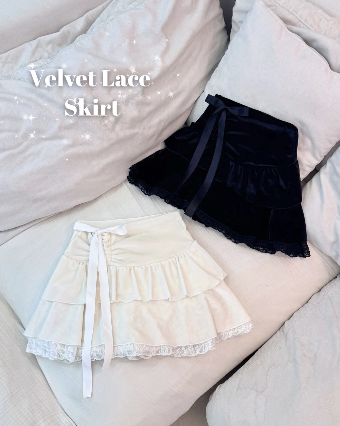 【 親自到韓搜羅🍦| 極致Balletcore吸睛設計🤍～超美!!高質絨面絲帶蛋糕裙💫 】Velevt Lace Cake Skirt(兩色入)