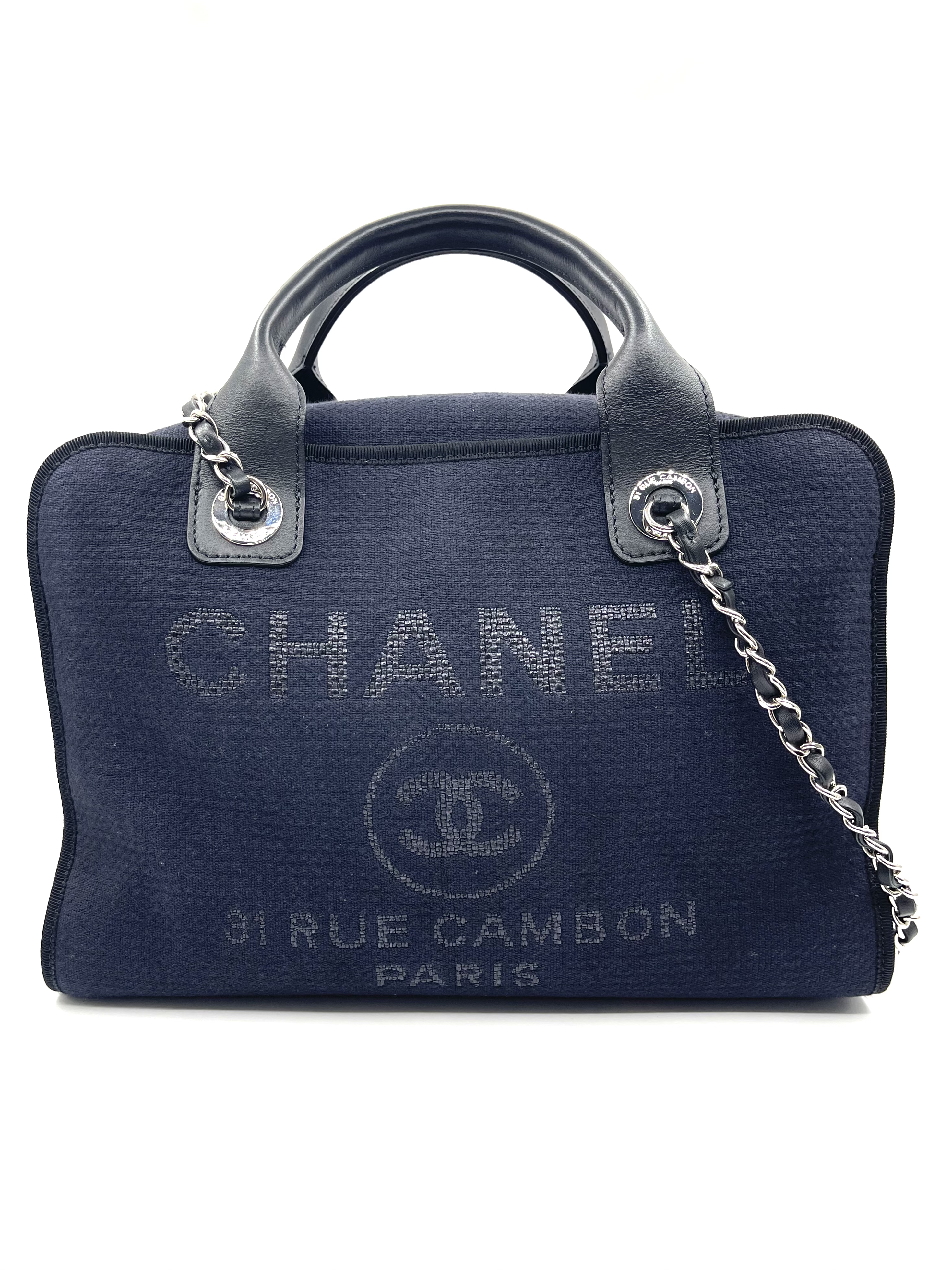 Pre-owned Chanel Navy Canvas & Black Calfskin Leather Deauville Bowling Bag