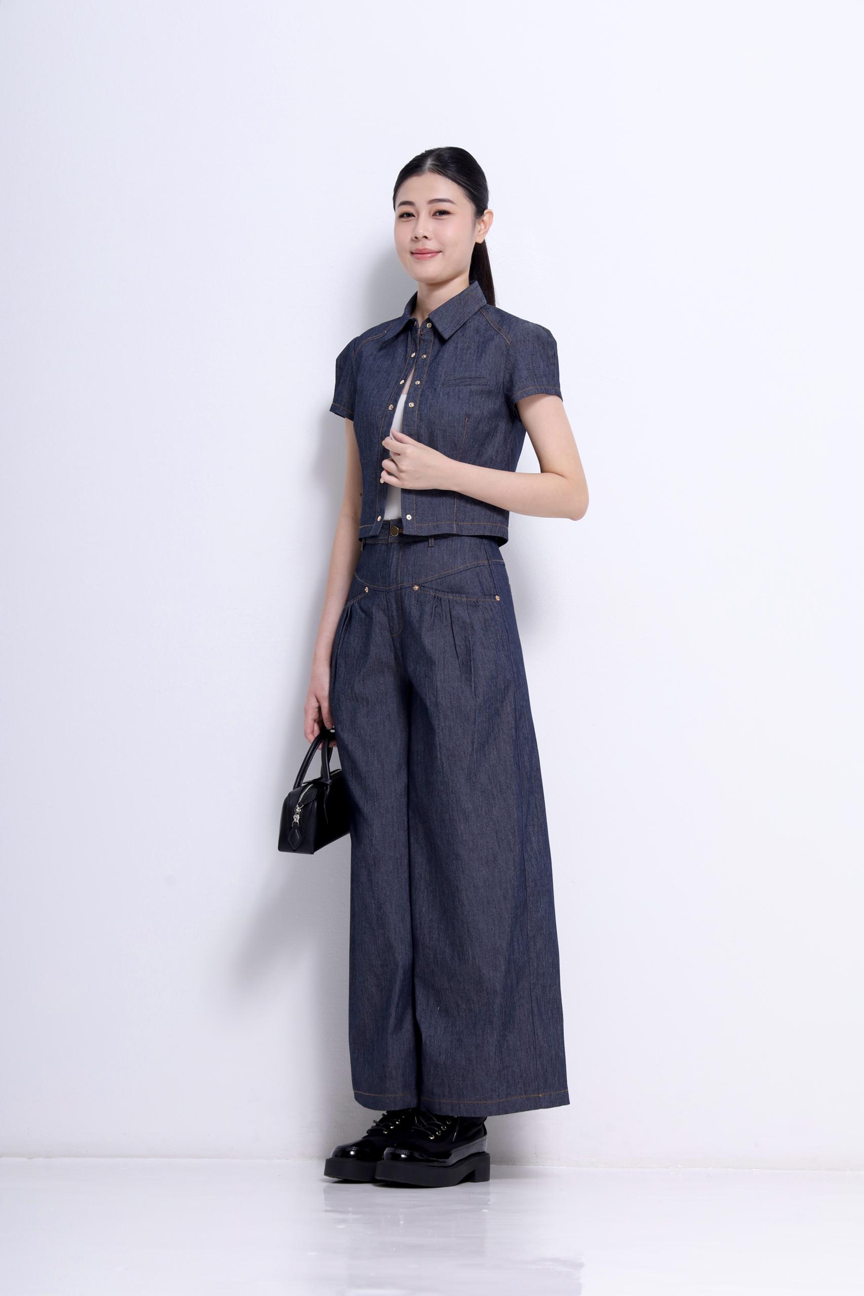 CP1641 TWILL DENIM GATHER POCKET FLARE PANT
